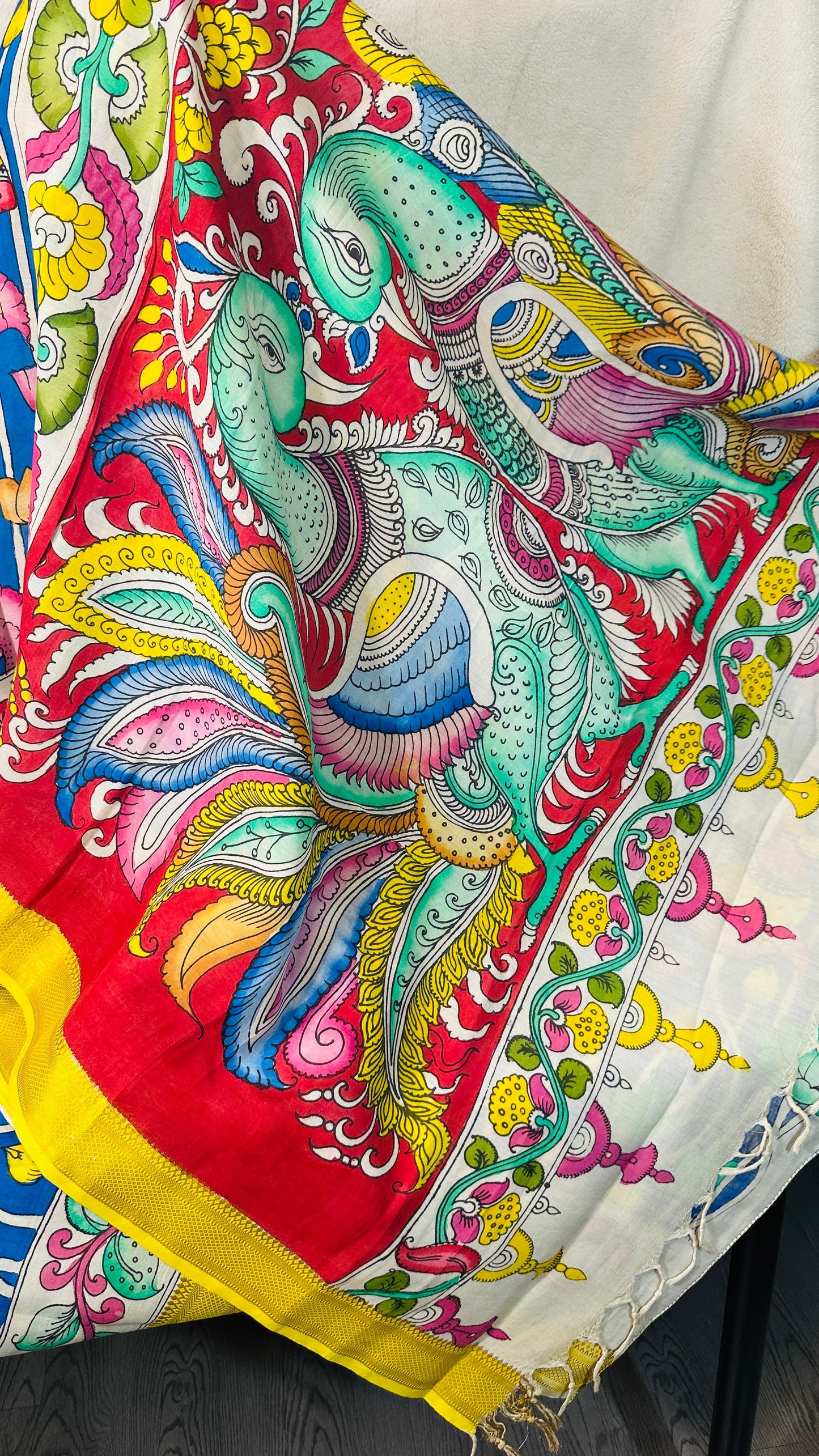 Beige pure Bangalore silk hand drawn- hand painted Pen Kalamkari Saree