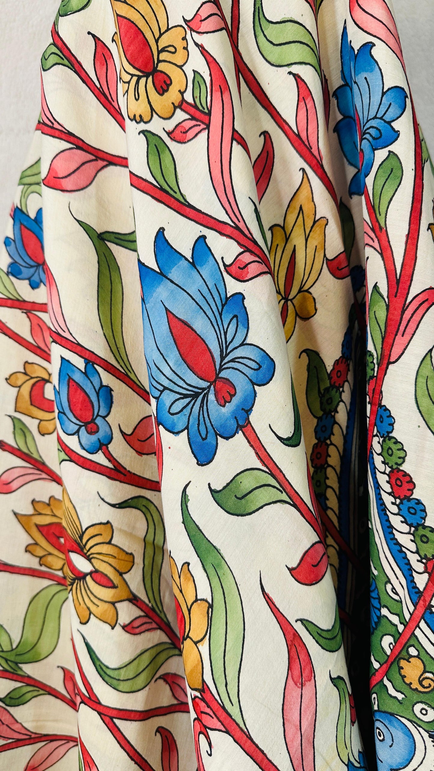 Beige pure Bangalore silk hand drawn- hand painted Pen Kalamkari Saree