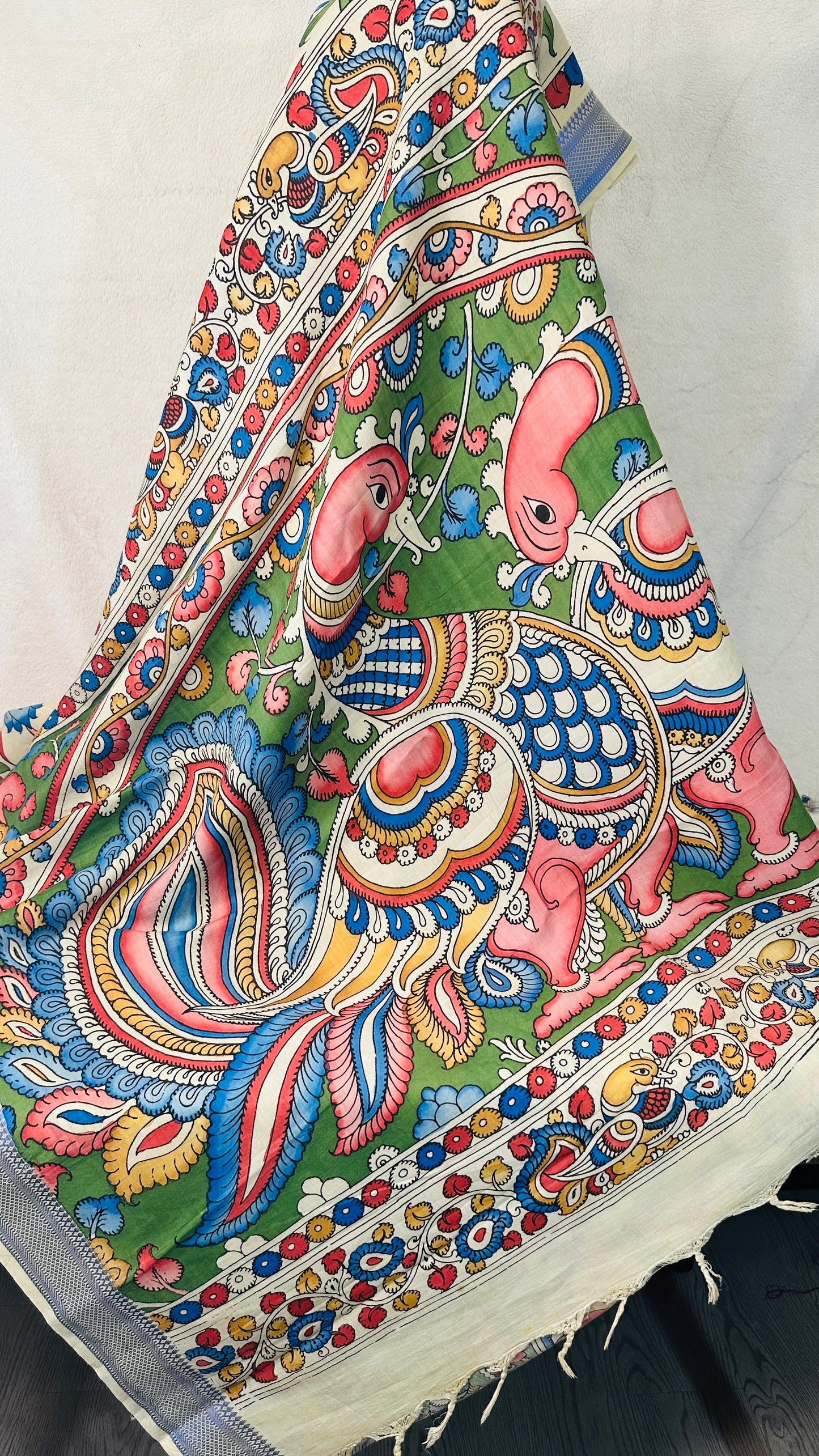 Beige pure Bangalore silk hand drawn- hand painted Pen Kalamkari Saree