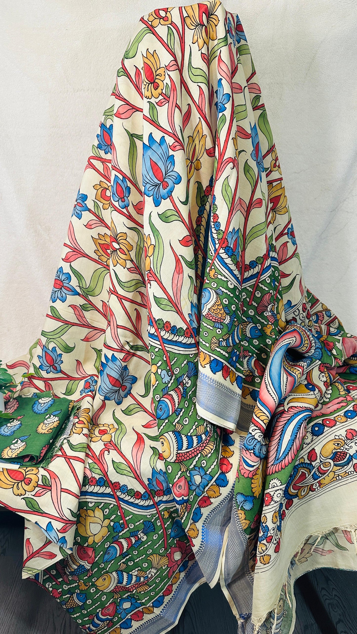 Beige pure Bangalore silk hand drawn- hand painted Pen Kalamkari Saree