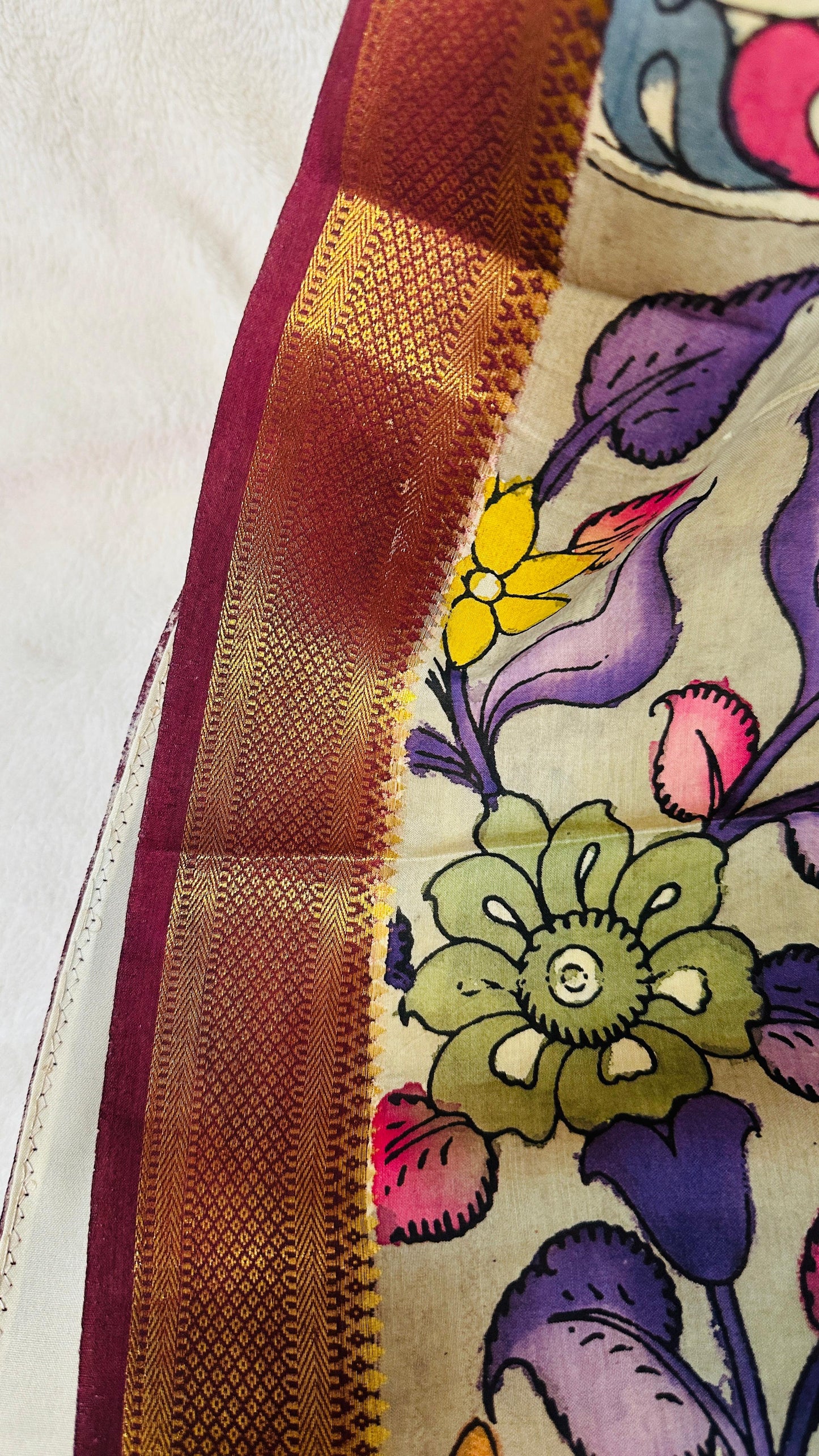 Beige pure Bangalore silk hand drawn- hand painted Pen Kalamkari Saree