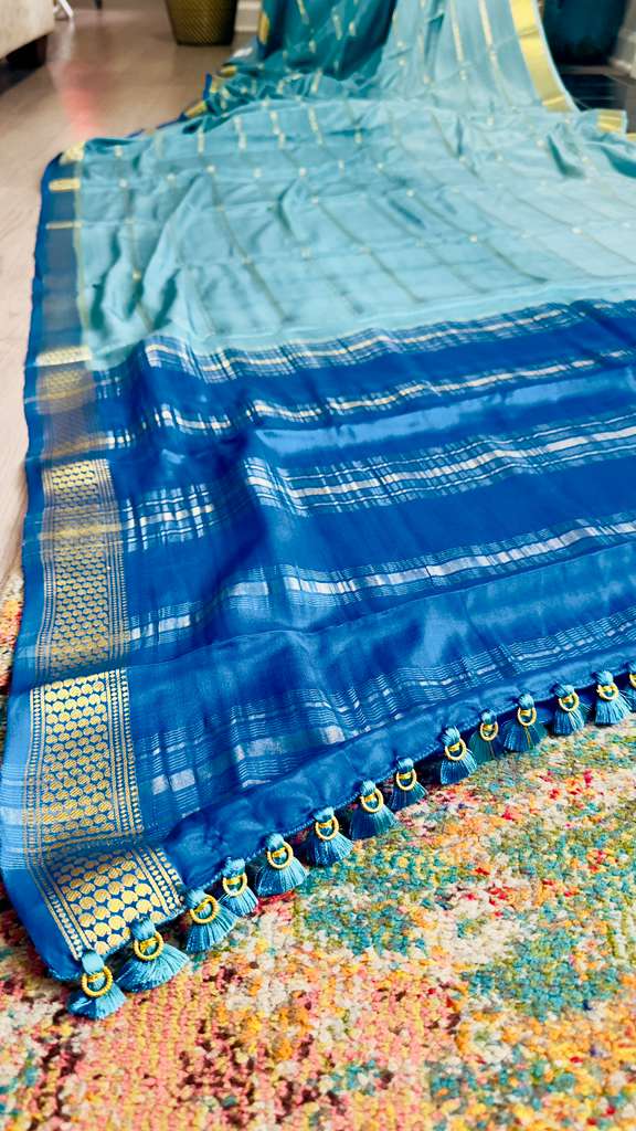 Baby Blue 2D Ombré with Medium Sapphire Pallu Pure Mysore Silk Handloom Saree