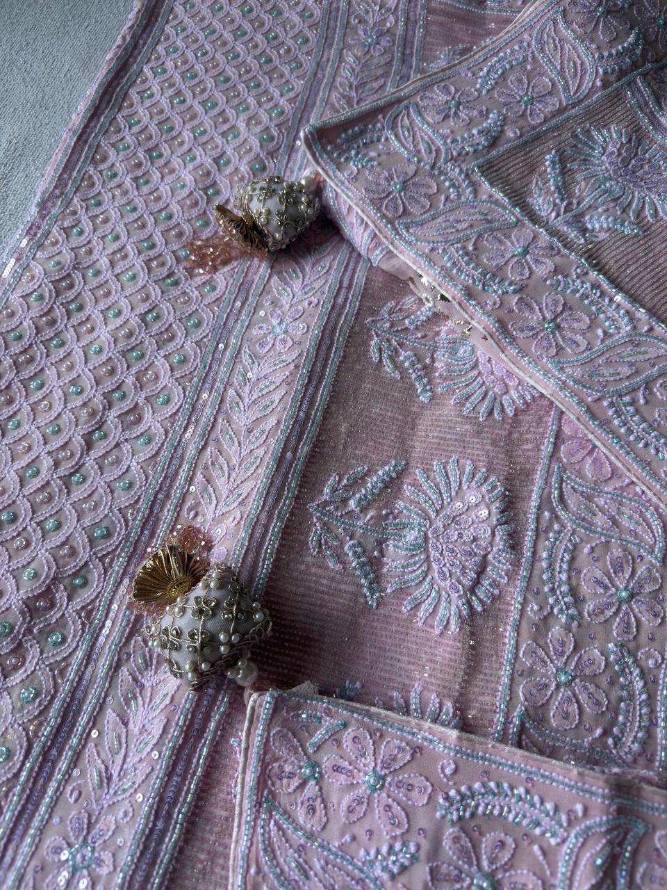 Baby Pink Pure Georgette Chikankari Saree with add on sequence, Pearl & Multicoloured Cutdana handwork