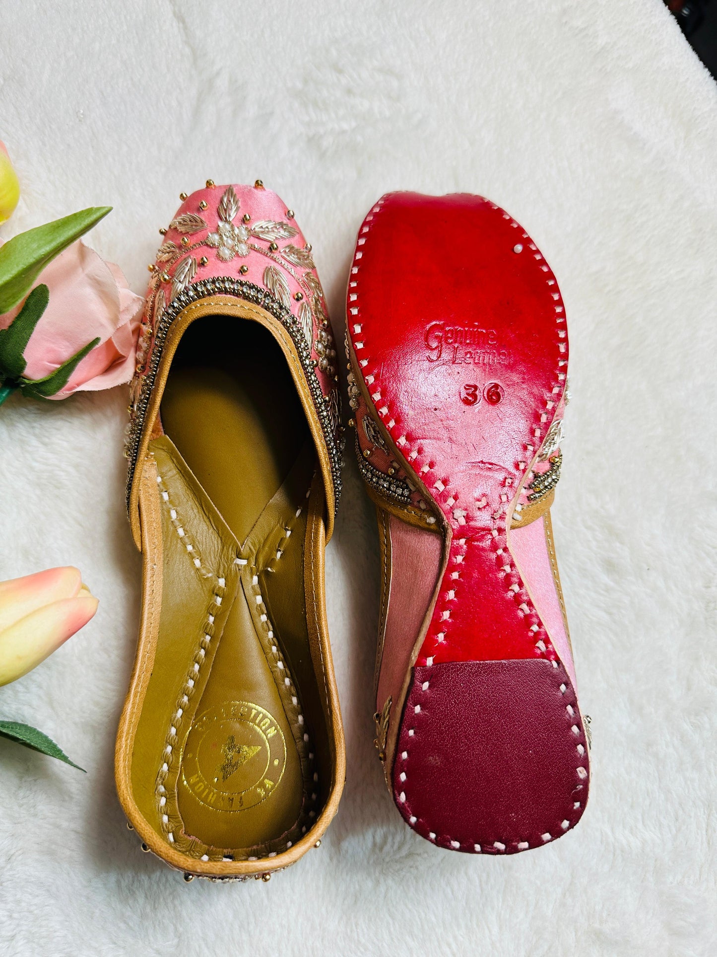 Baby pink Premium designer pure leather Jutti with double cushion and highlighted with all handwork