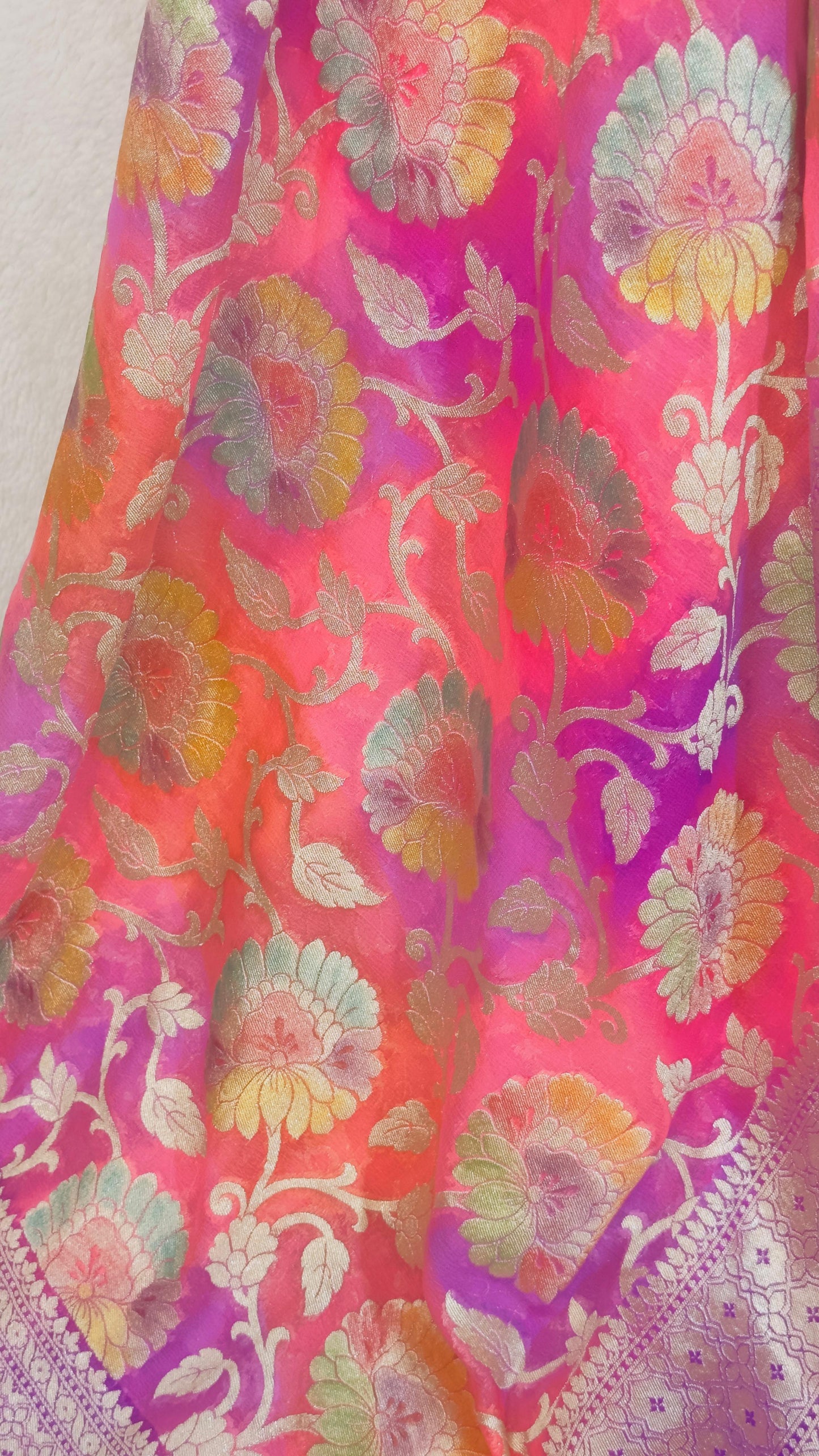 Baby pink Rangkat Pure Khaddi Georgette handloom Meenakari Banarasi saree with tested Gold zari weaving