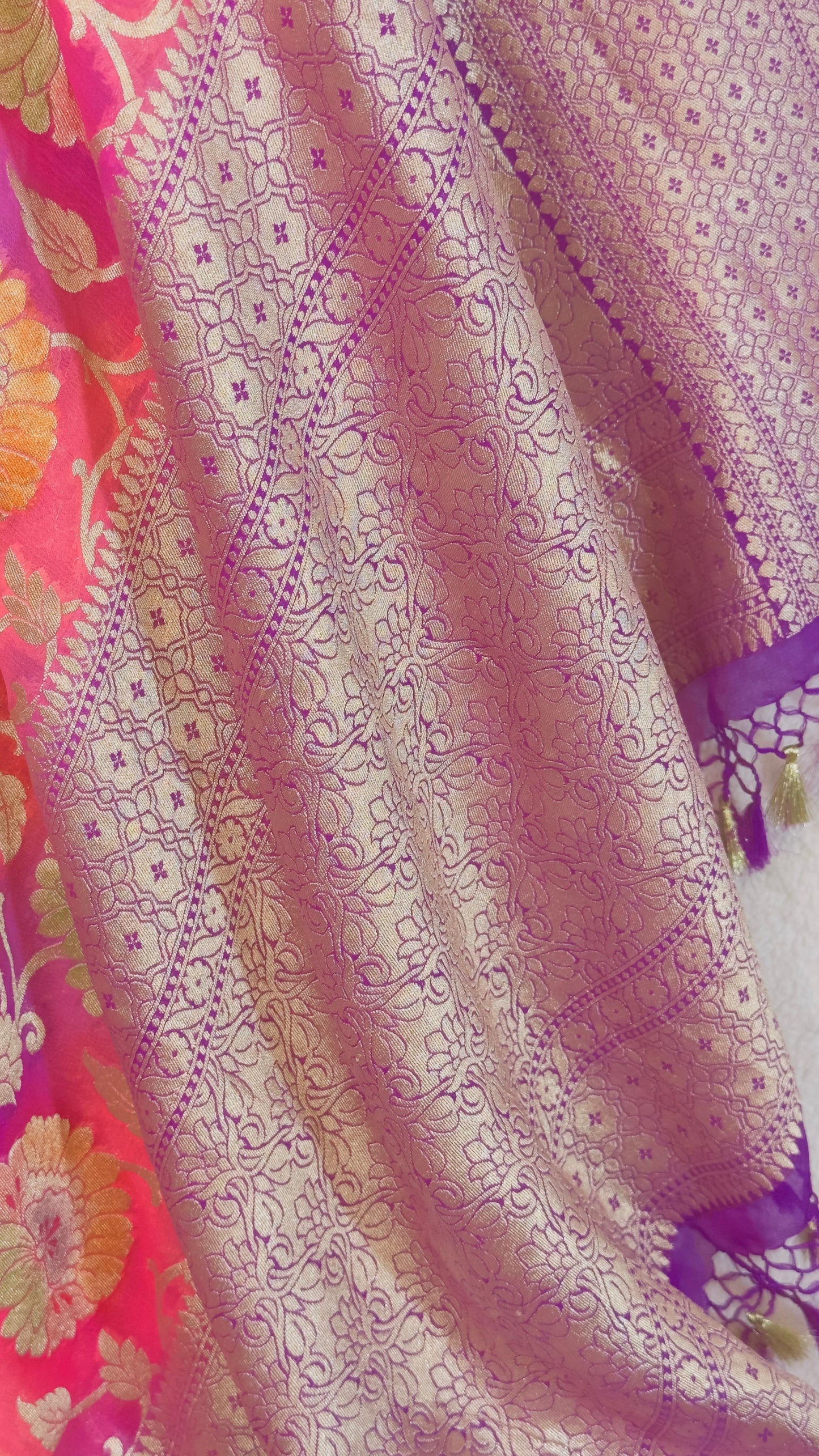 Baby pink Rangkat Pure Khaddi Georgette handloom Meenakari Banarasi saree with tested Gold zari weaving
