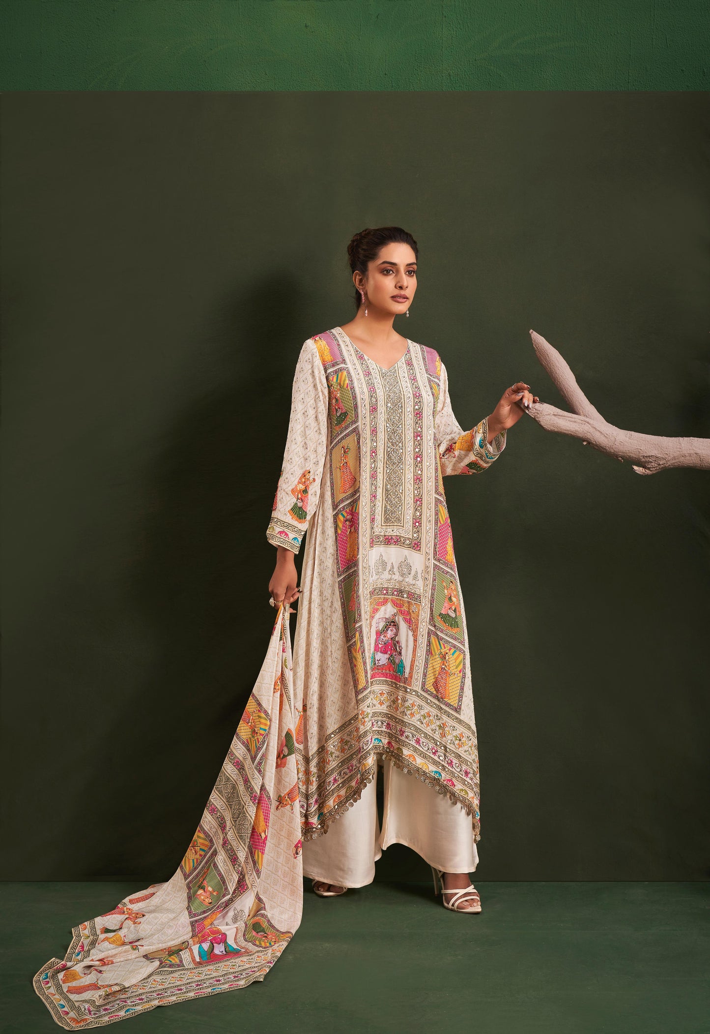 Beige Designer pure Crape silk palazzo suit with Radha Krishna digital print highlighted with stone & Coin work