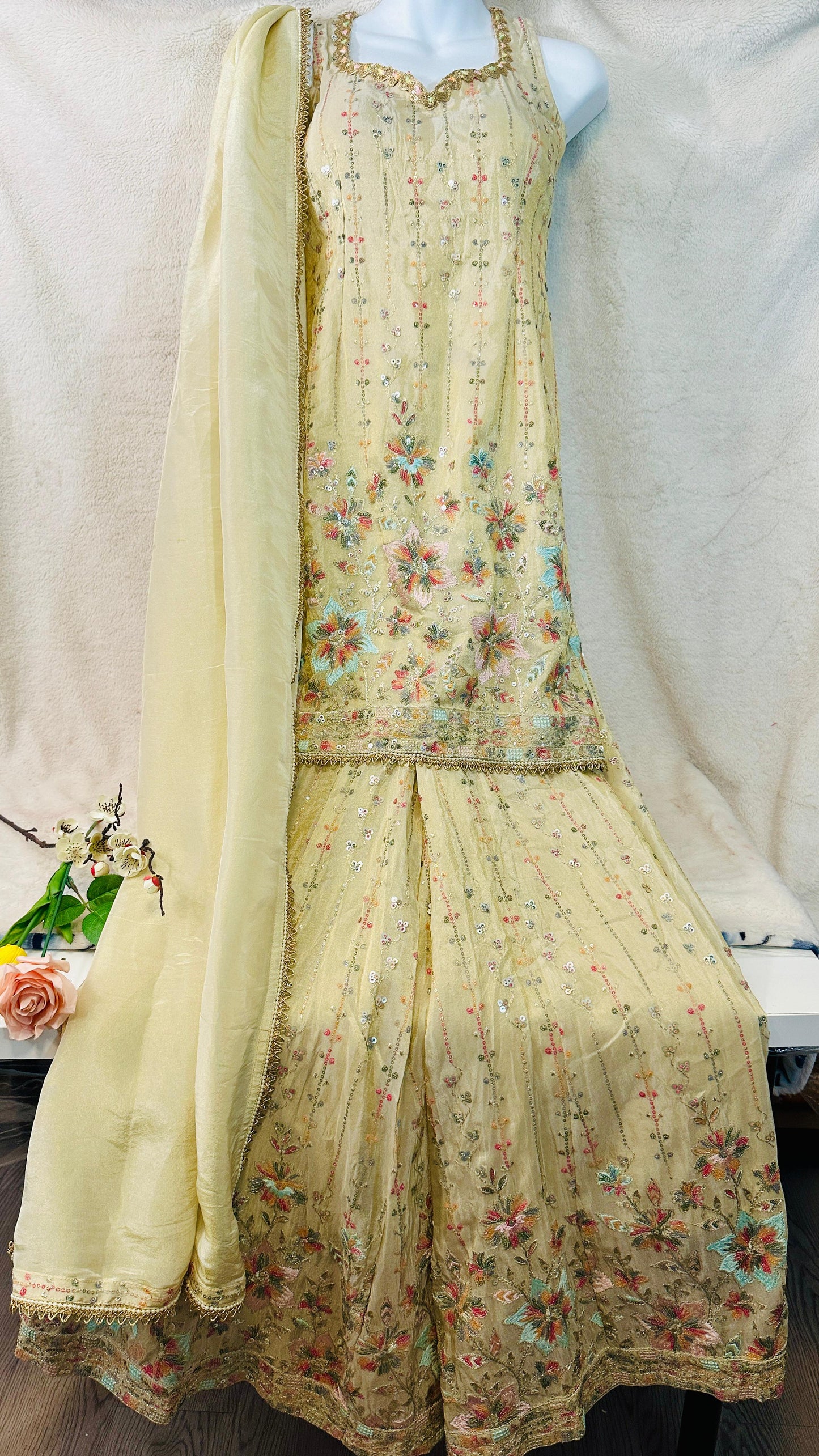 Beige Gold pure tissue silk designer Indowestern sharara set highlighted with sequins & Thread zari work