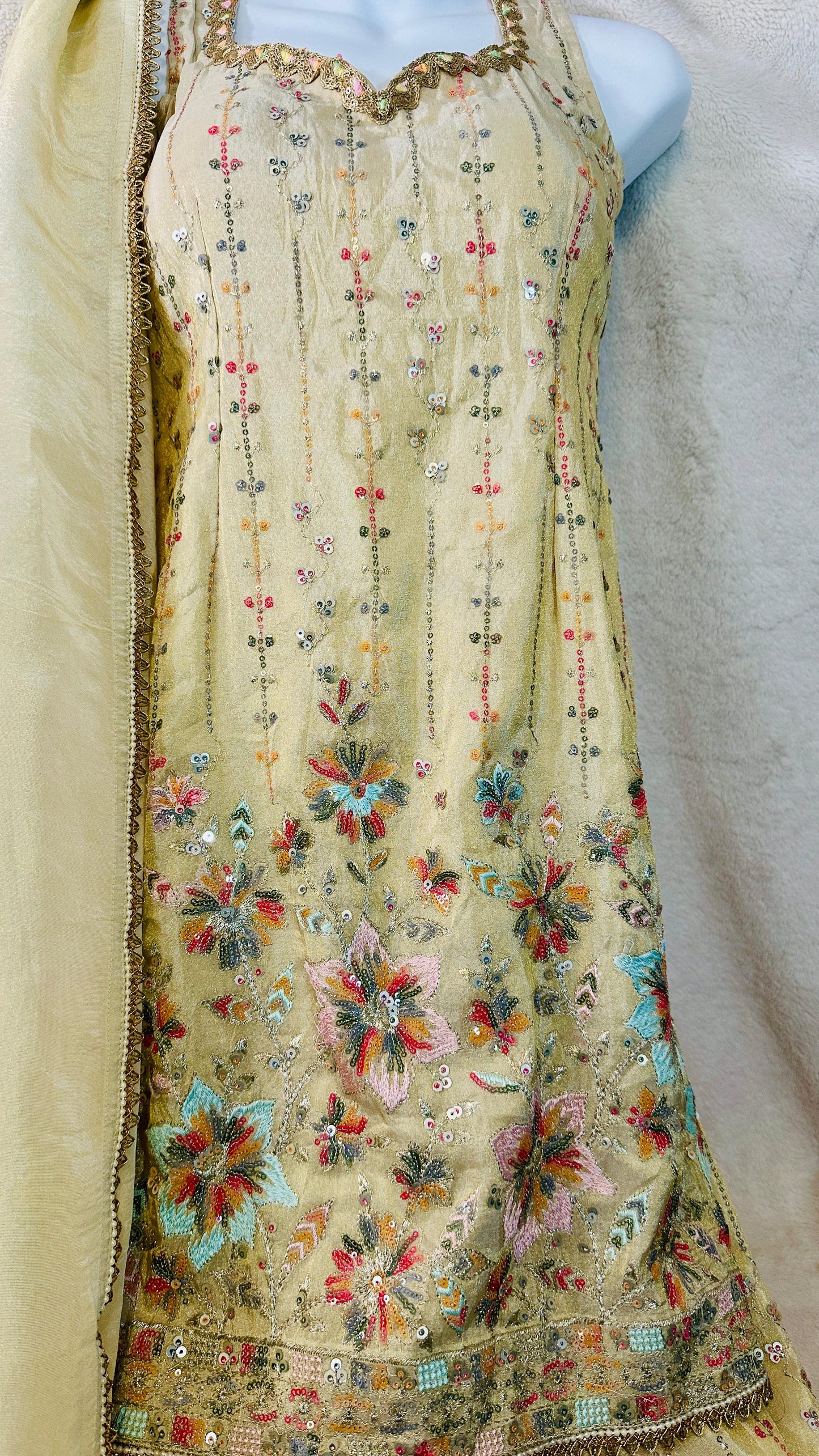 Beige Gold pure tissue silk designer Indowestern sharara set highlighted with sequins & Thread zari work