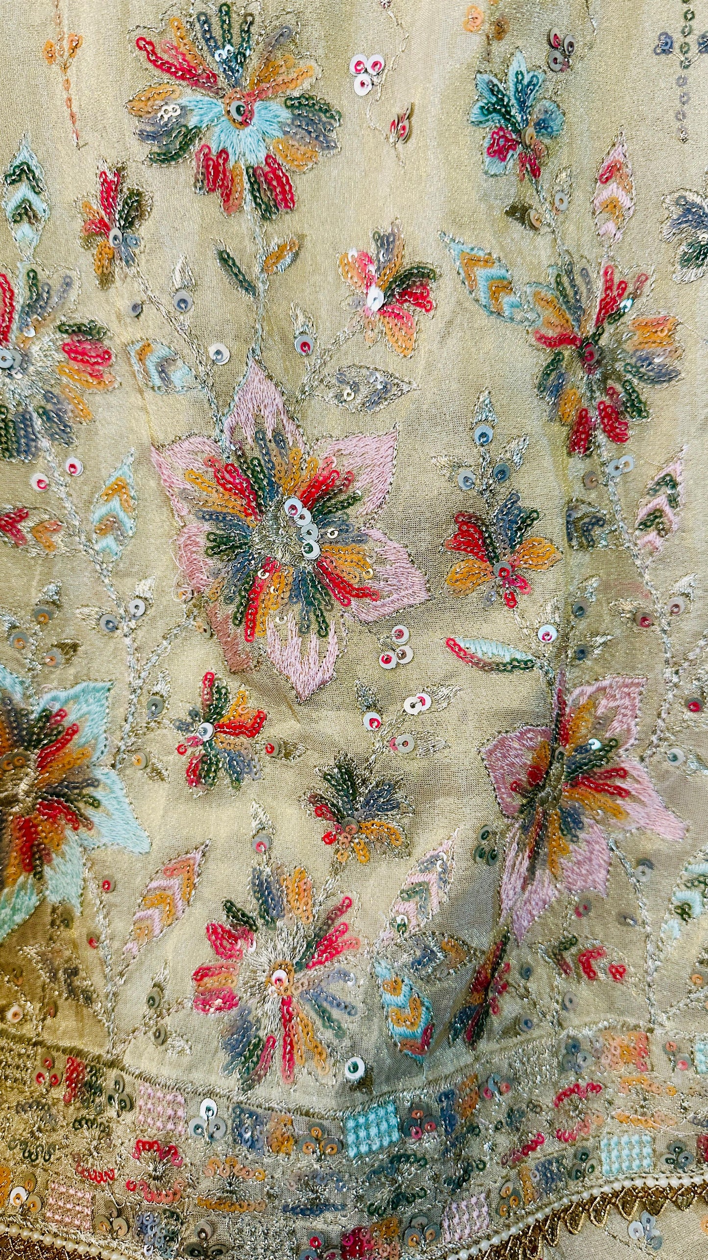 Beige Gold pure tissue silk designer Indowestern sharara set highlighted with sequins & Thread zari work