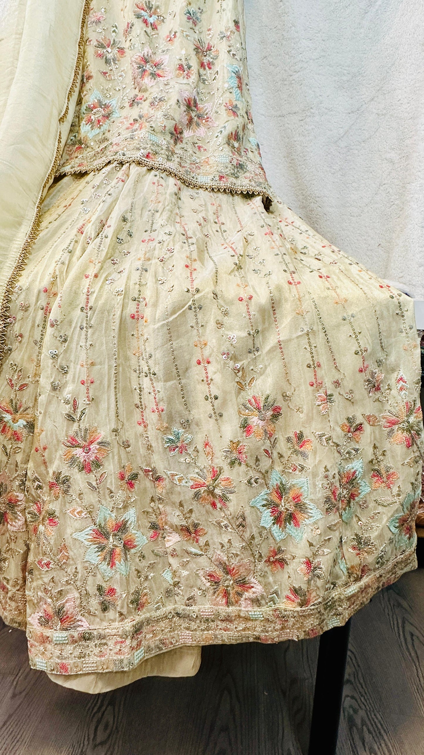 Beige Gold pure tissue silk designer Indowestern sharara set highlighted with sequins & Thread zari work