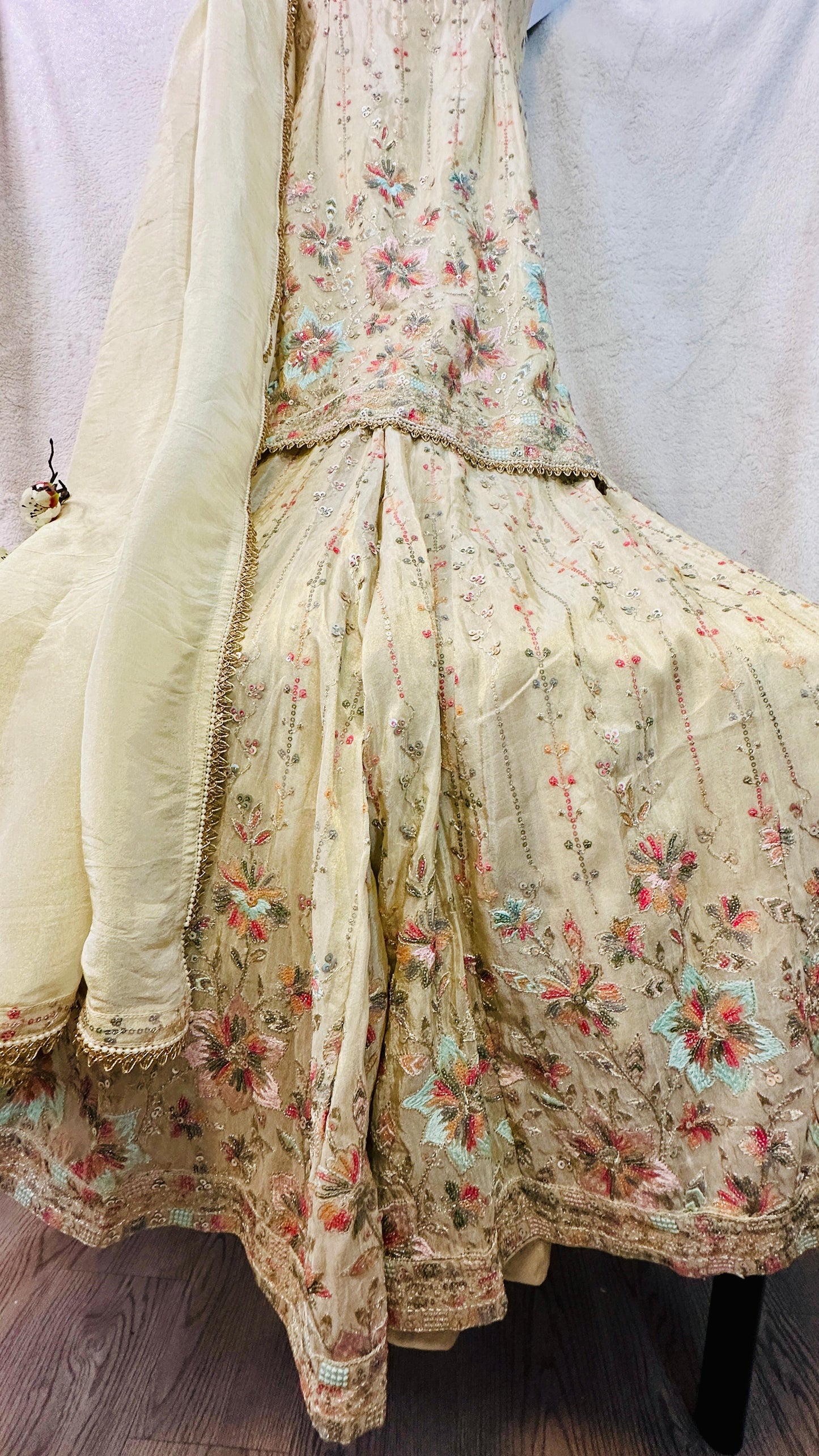 Beige Gold pure tissue silk designer Indowestern sharara set highlighted with sequins & Thread zari work
