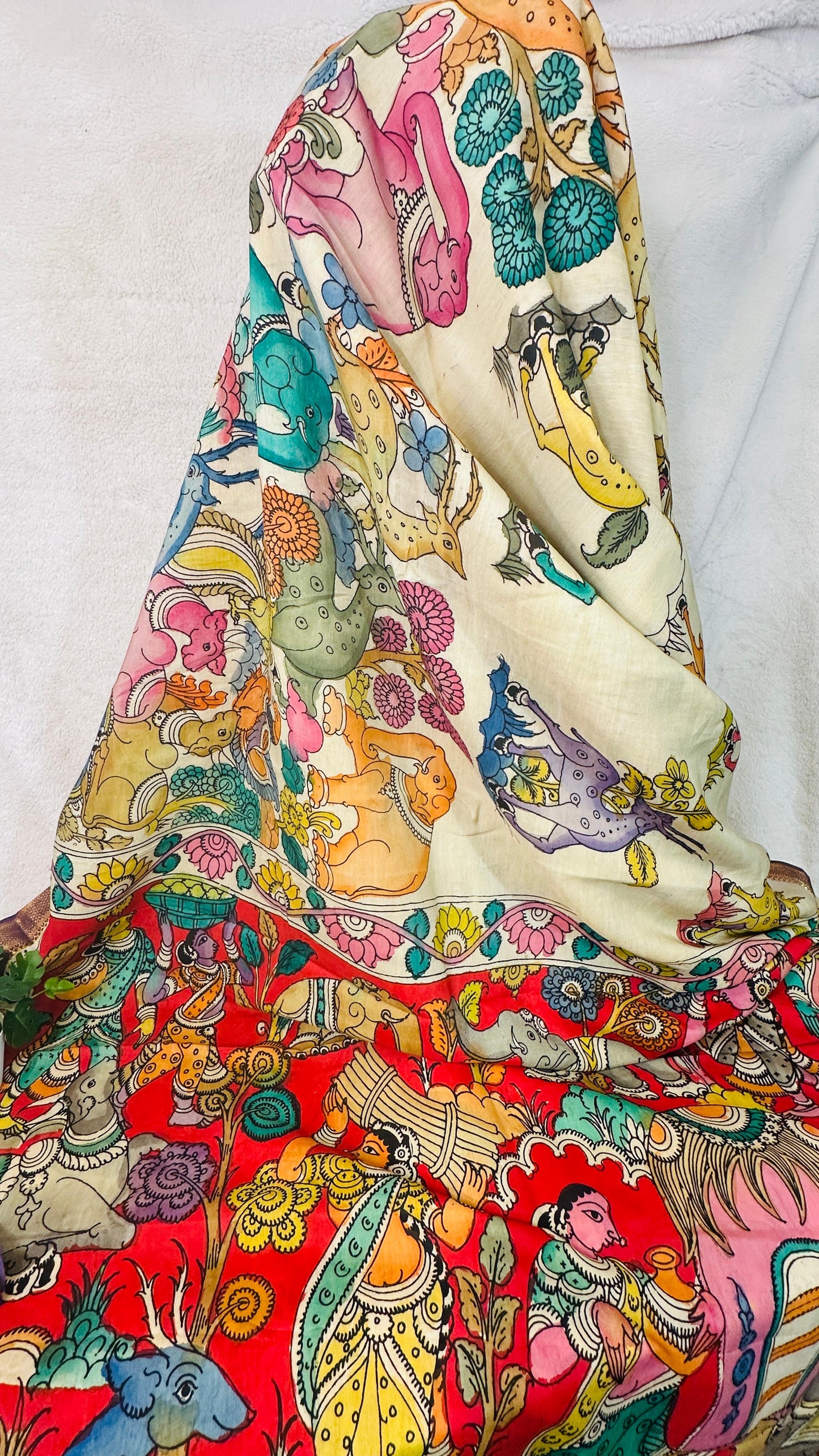Beige pure Bangalore silk hand drawn hand painted Pen Kalamkari Saree