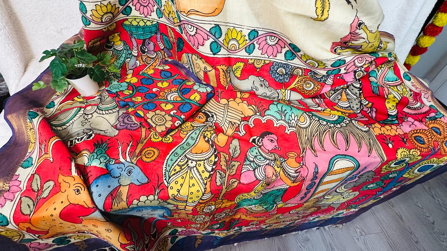 Beige pure Bangalore silk hand drawn hand painted Pen Kalamkari Saree