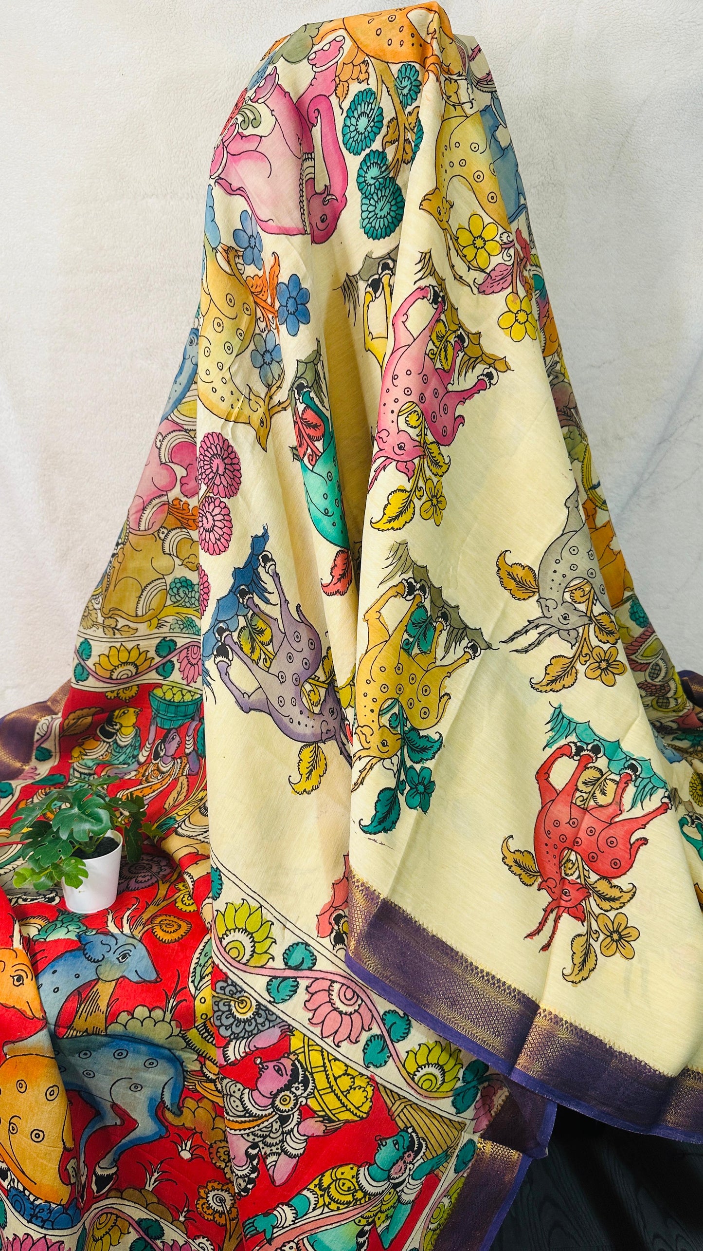 Beige pure Bangalore silk hand drawn hand painted Pen Kalamkari Saree