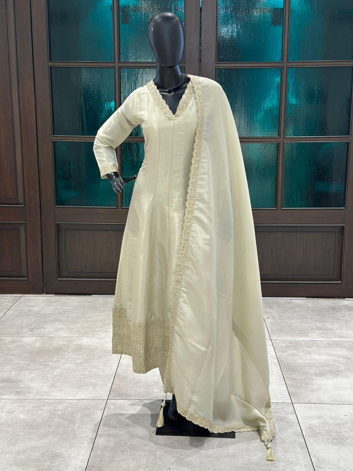 Beige tissue silk Anarkali suit highlighted with thread work