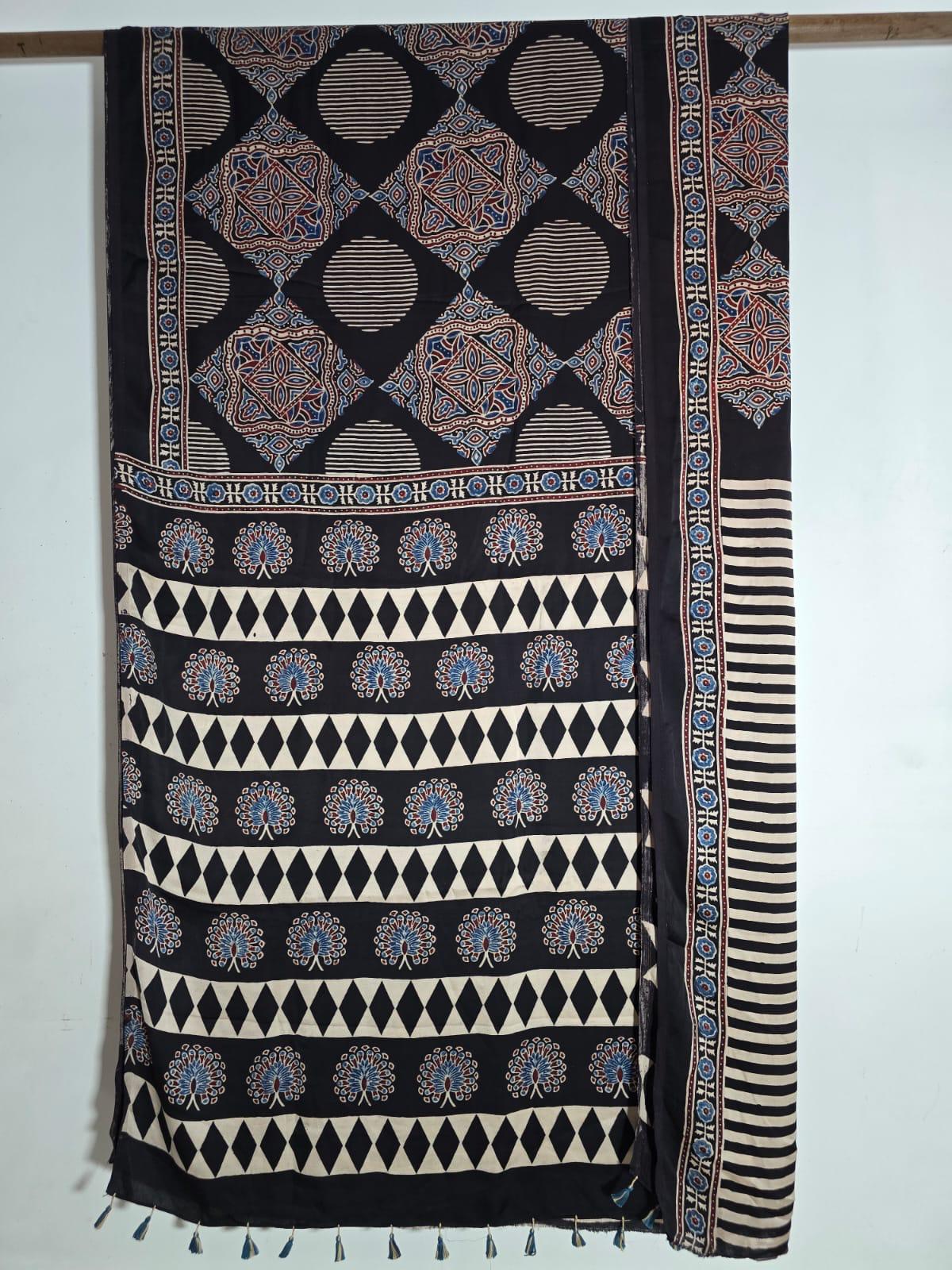 Black Ajrakh natural dye Hand block print pure Modal silk saree