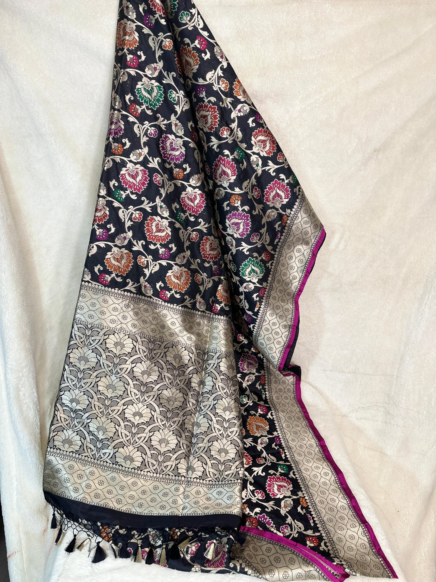 Black Pure Katan by katan tilfi meenakari Jungla Handloom silk saree