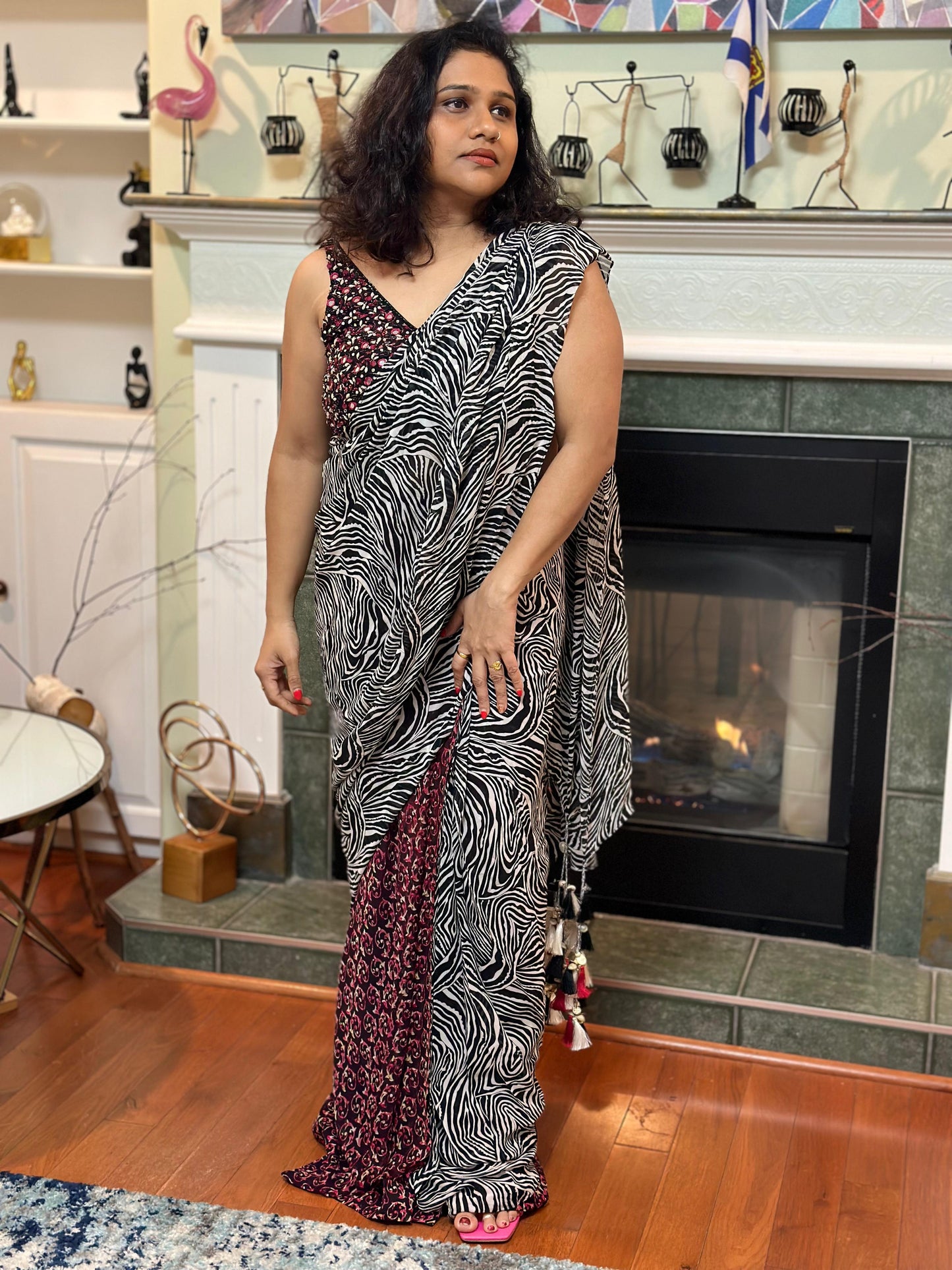 Black & white Zebra pattern designer Pre drape saree highlighted with beautiful tassels and blouse with real mirror, sequins handwork