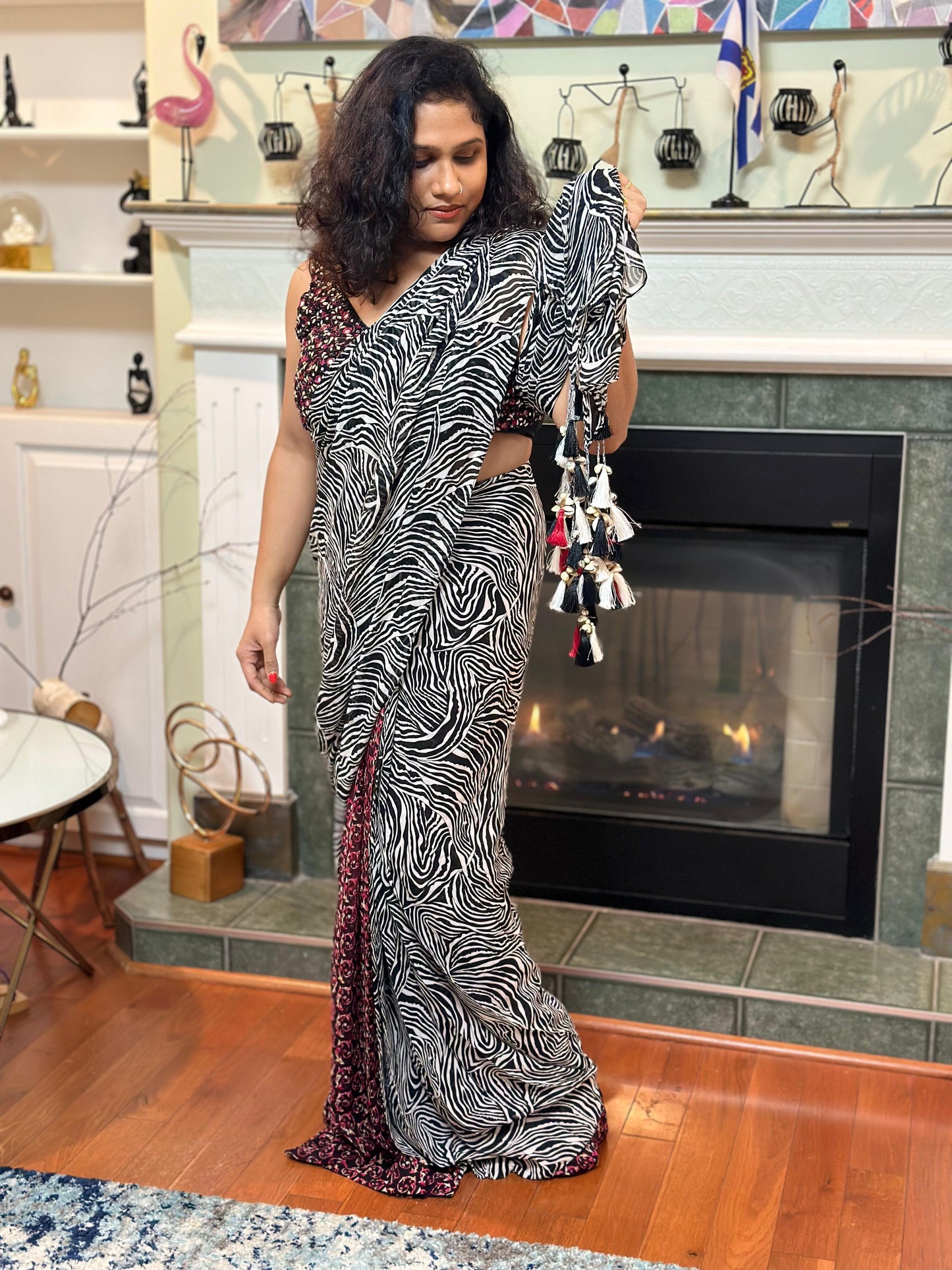 Black & white Zebra pattern designer Pre drape saree highlighted with beautiful tassels and blouse with real mirror, sequins handwork