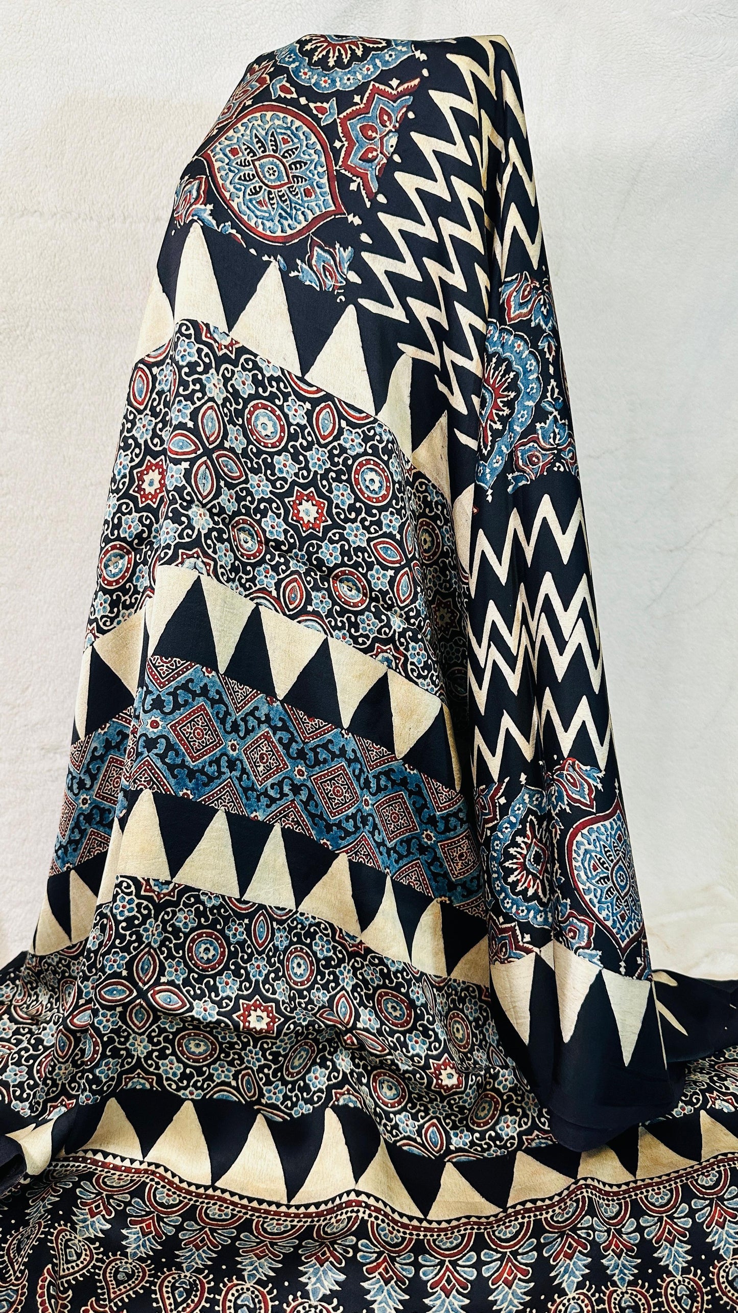 Black with Beige zigzag Ajrakh natural dye Hand block print pure Modal silk saree