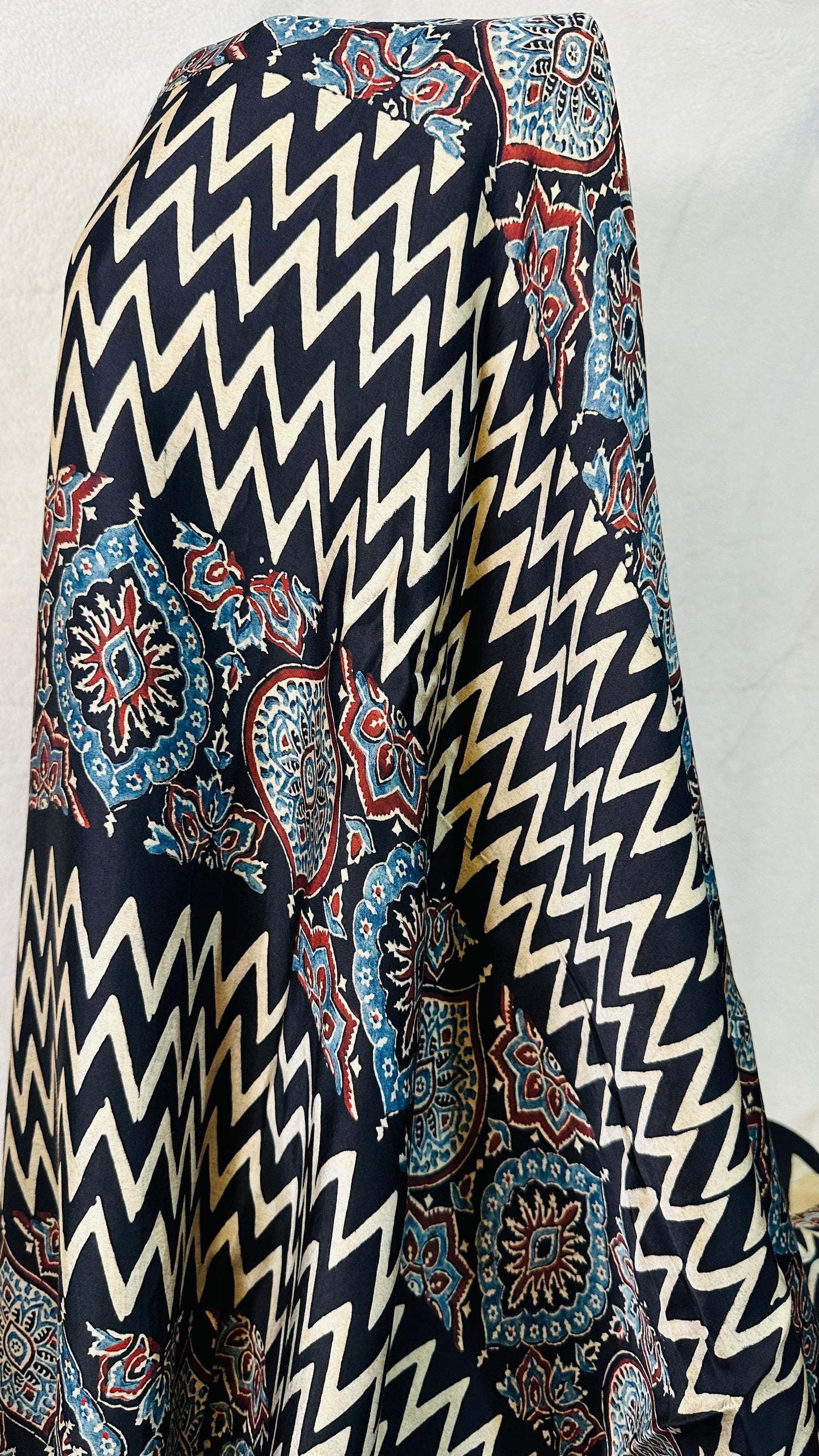 Black with Beige zigzag Ajrakh natural dye Hand block print pure Modal silk saree