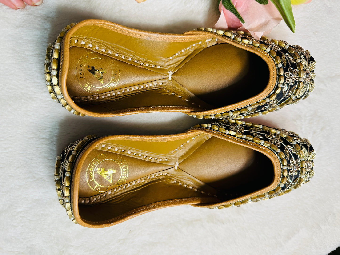 Black with gold Premium designer pure leather Jutti with double cushion and highlighted with all handwork