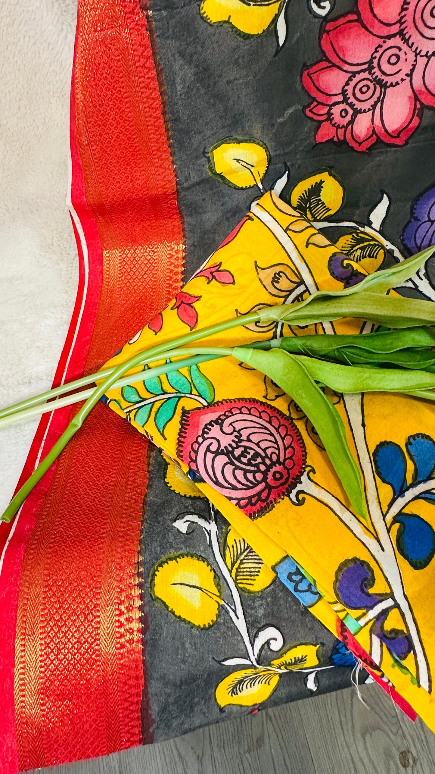 Carbon Black pure Bangalore silk hand drawn- hand painted Pen Kalamkari Saree