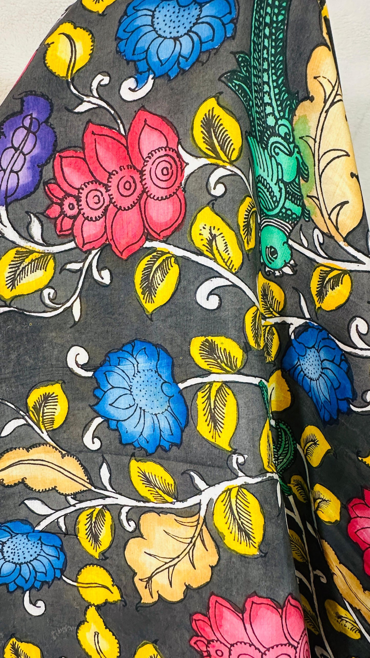 Carbon Black pure Bangalore silk hand drawn- hand painted Pen Kalamkari Saree