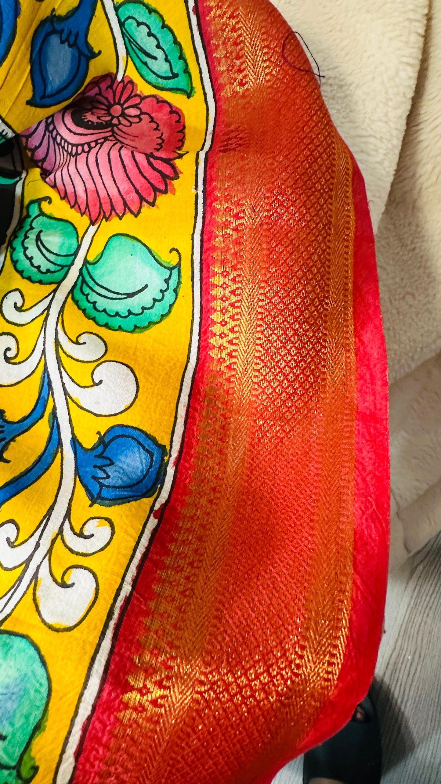 Carbon Black pure Bangalore silk hand drawn- hand painted Pen Kalamkari Saree