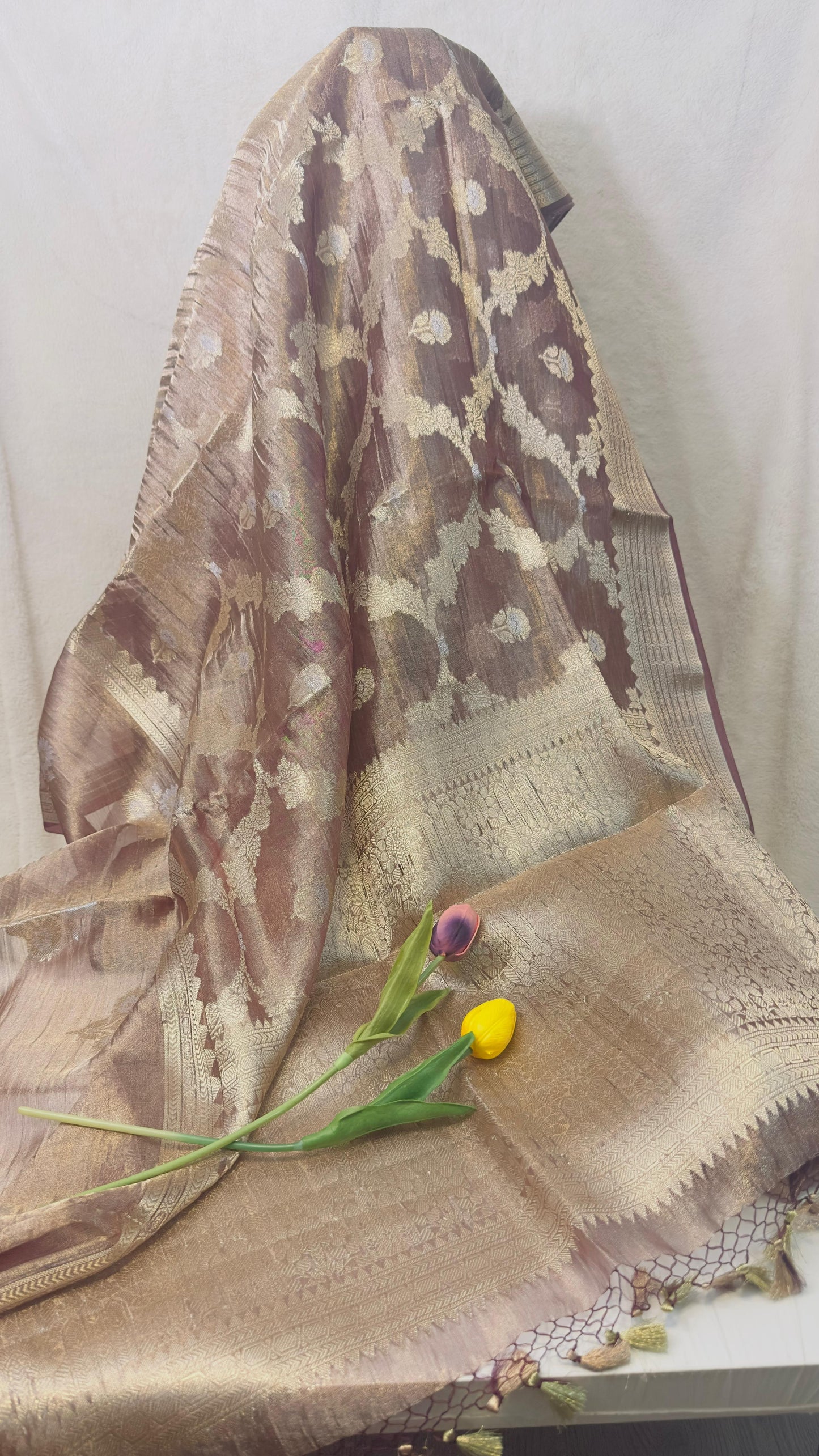 Dusky brown pure tissue Banarasi handloom silk saree