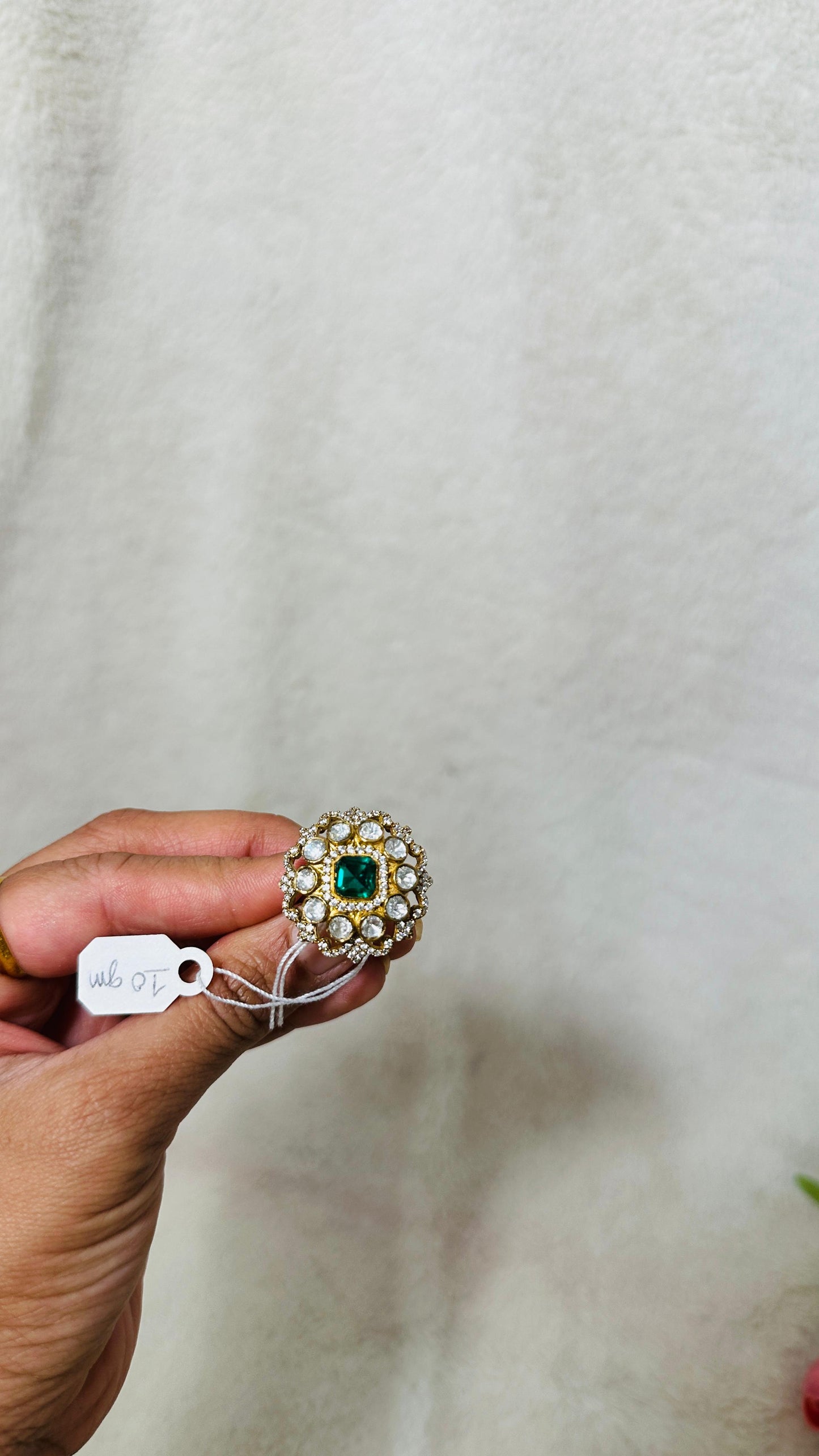 Emerald Green Statement 92.5 silver finger Ring embellished with white semiprecious Stone