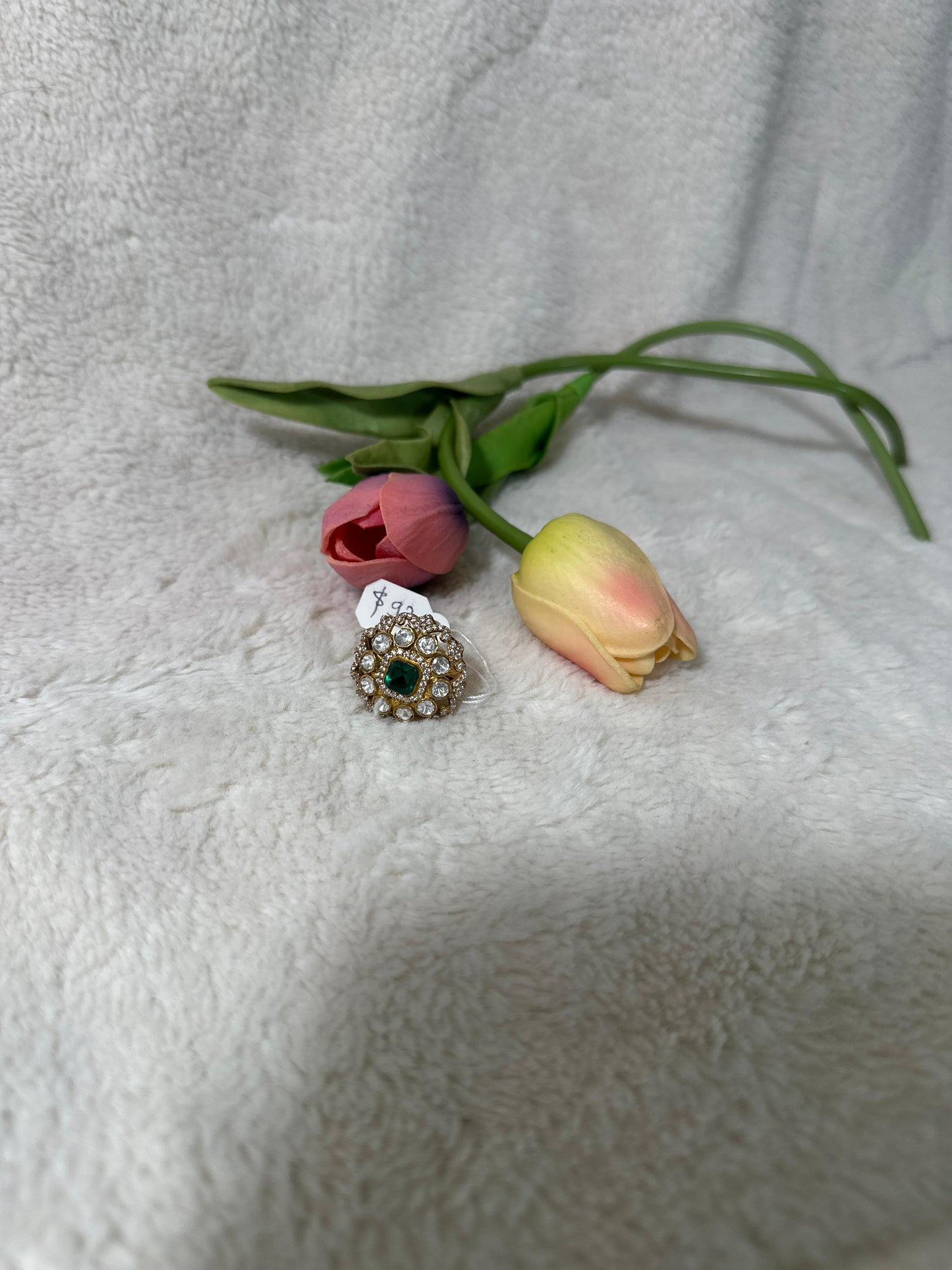 Emerald Green Statement 92.5 silver finger Ring embellished with white semiprecious Stone