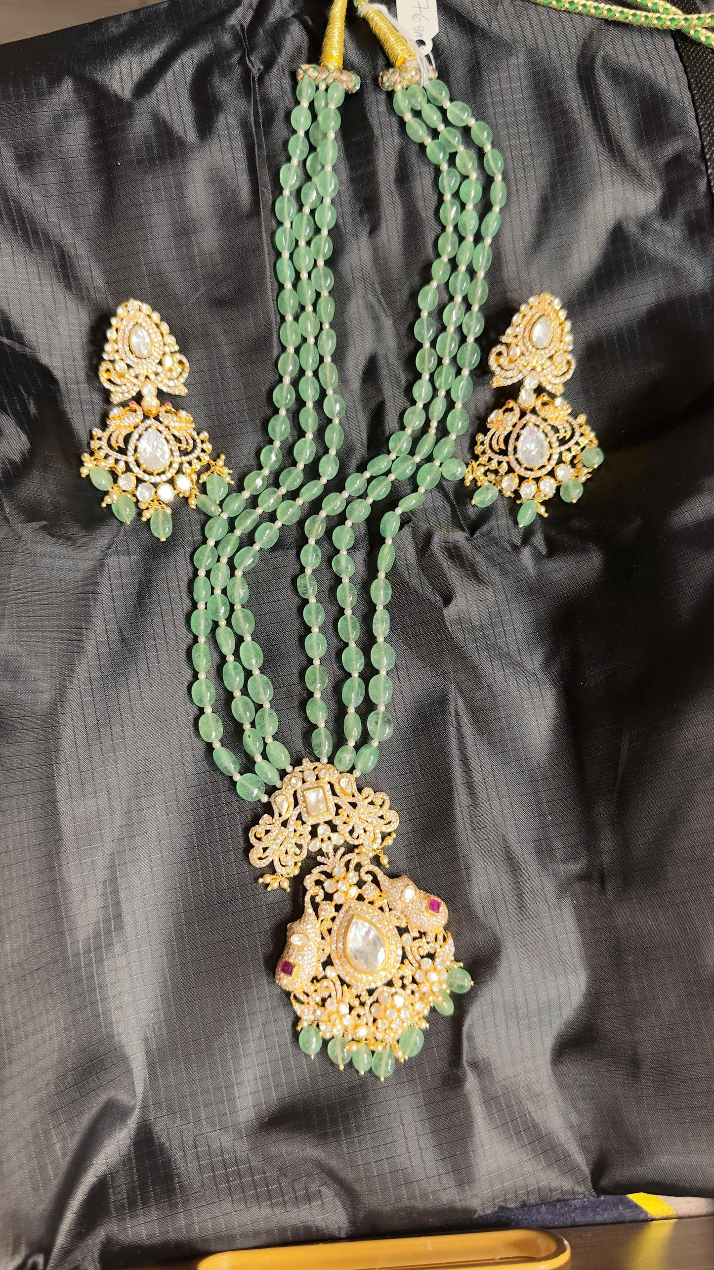 Pure 92.5 Silver with Gold polish Elephant pendant with Long earrings embellishment with Jade beads & Moisonite & CZ