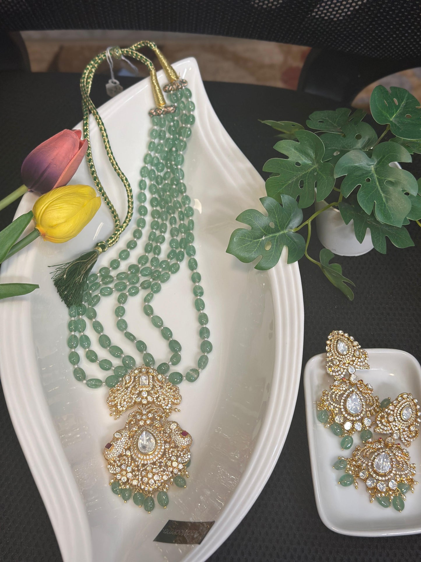 Pure 92.5 Silver with Gold polish Elephant pendant with Long earrings embellishment with Jade beads & Moisonite & CZ