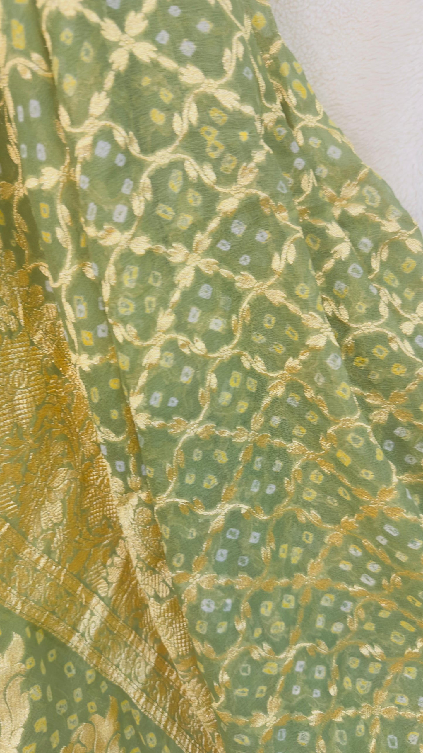 Henna Green Pure Khaddi Georgette hand rai Bandhani Banarasi saree with tested Gold zari weaving