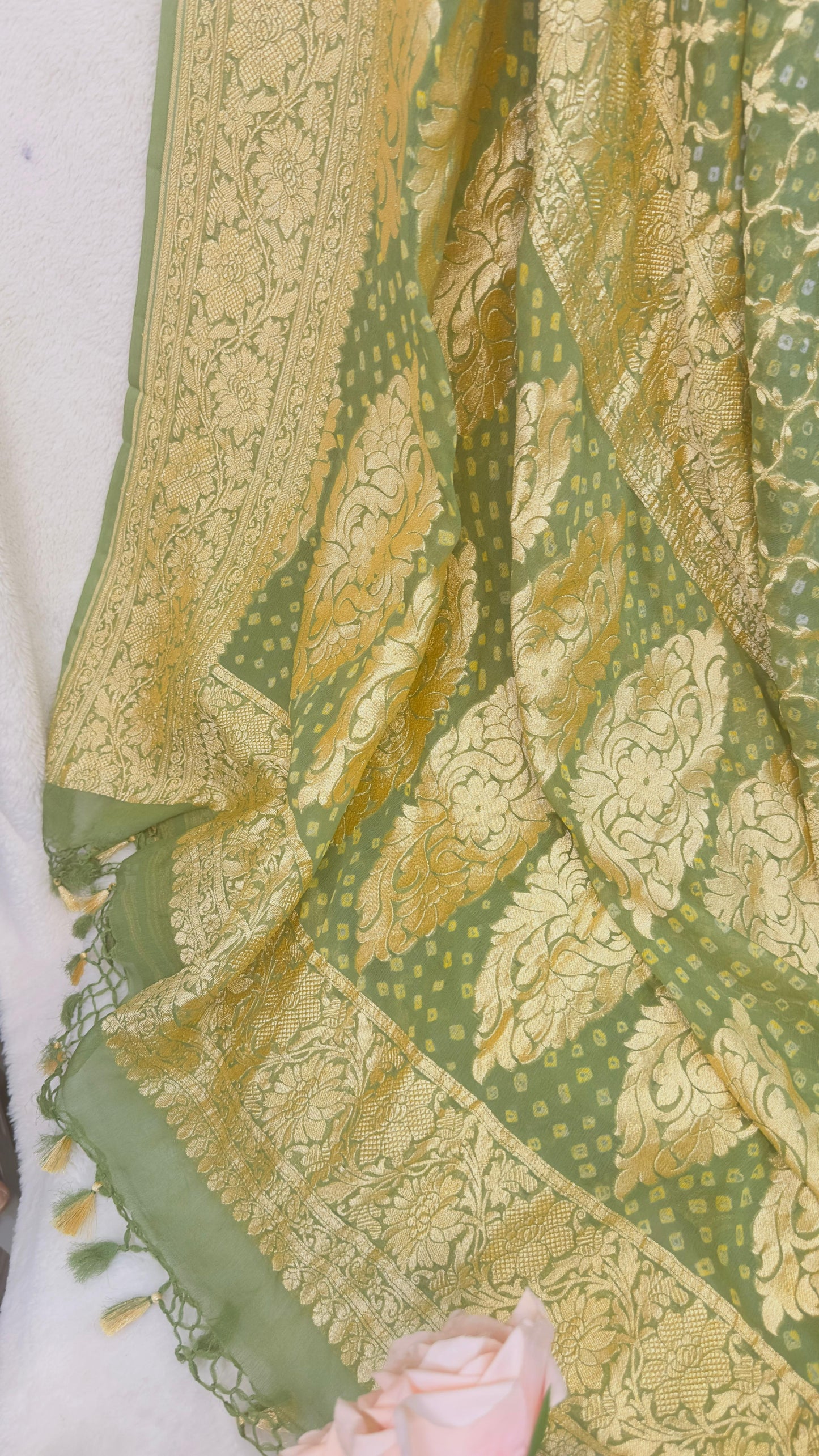 Henna Green Pure Khaddi Georgette hand rai Bandhani Banarasi saree with tested Gold zari weaving
