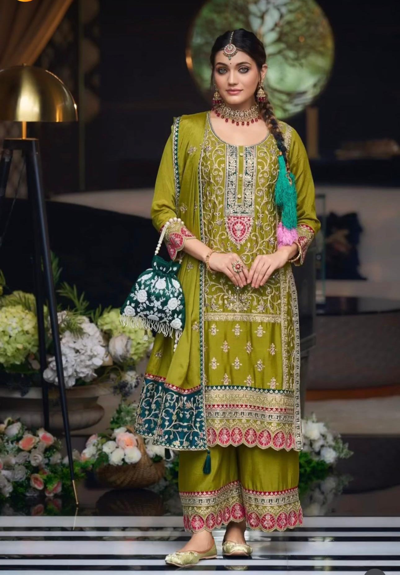 Henna green CHINON silk suit highlighted with pearl, Cutdana & thread hand work