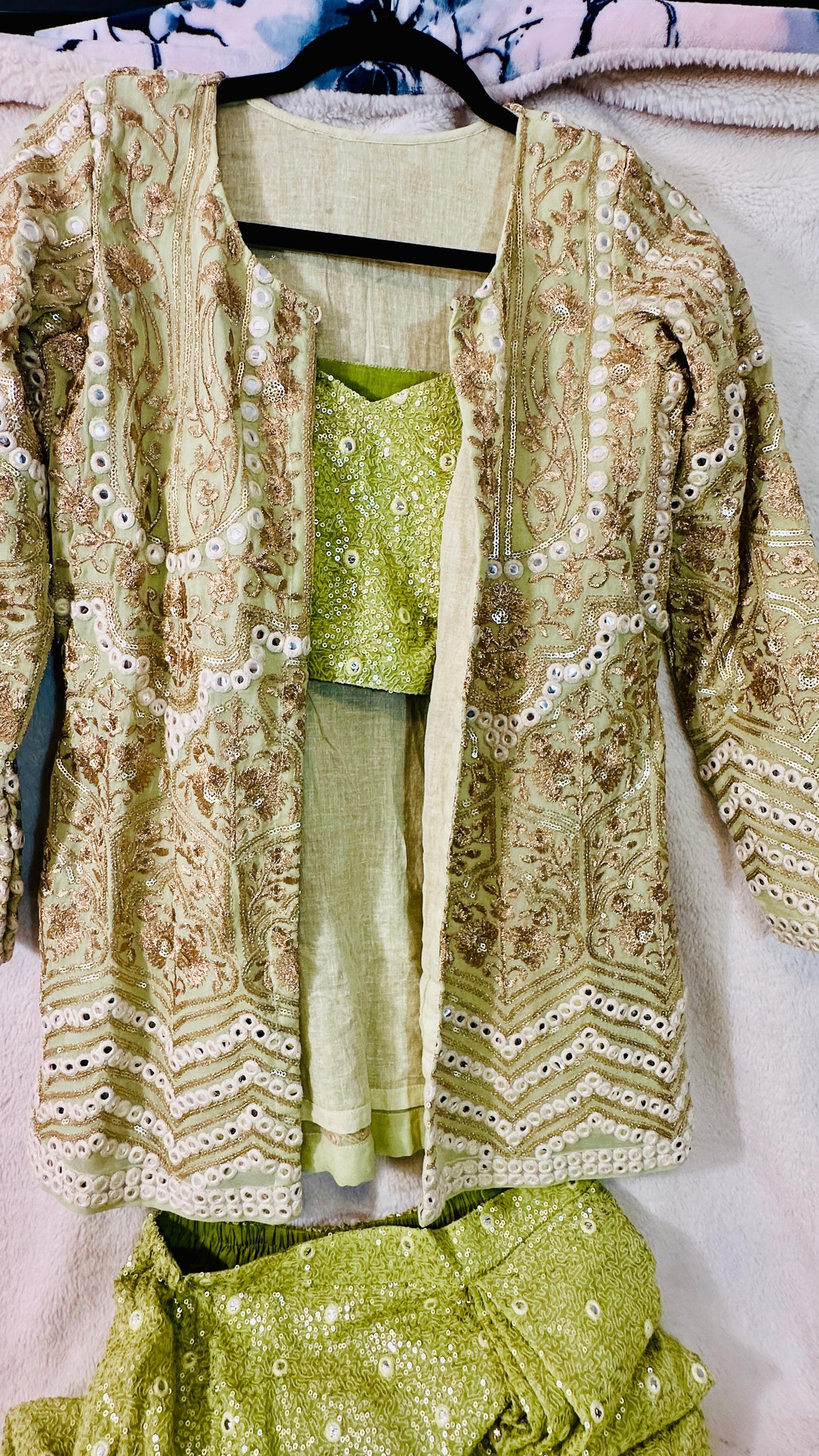 Henna green designer Indowestern dhoti skirt set highlighted with sequins & Thread zari & mirror work