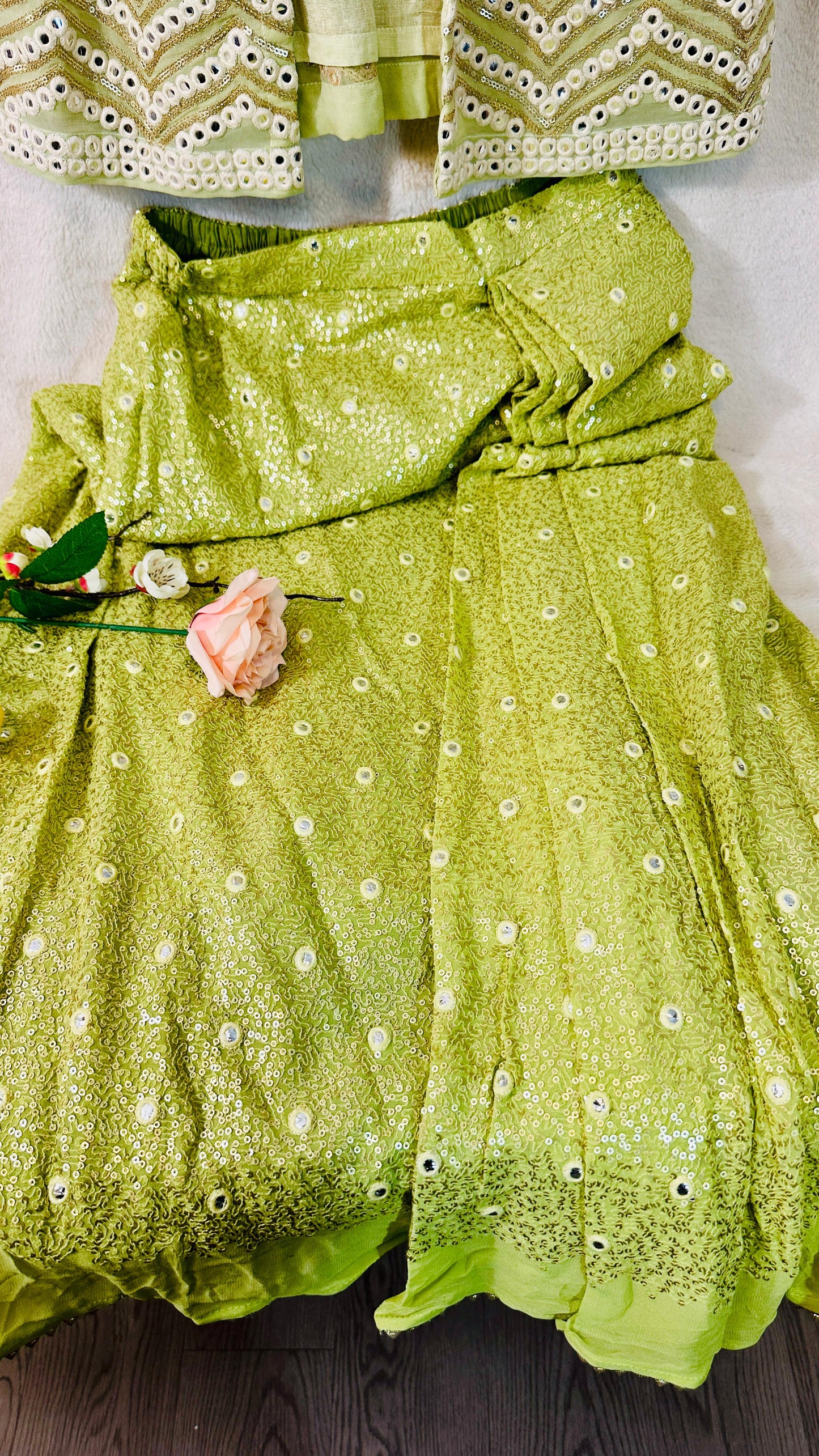 Henna green designer Indowestern dhoti skirt set highlighted with sequins & Thread zari & mirror work