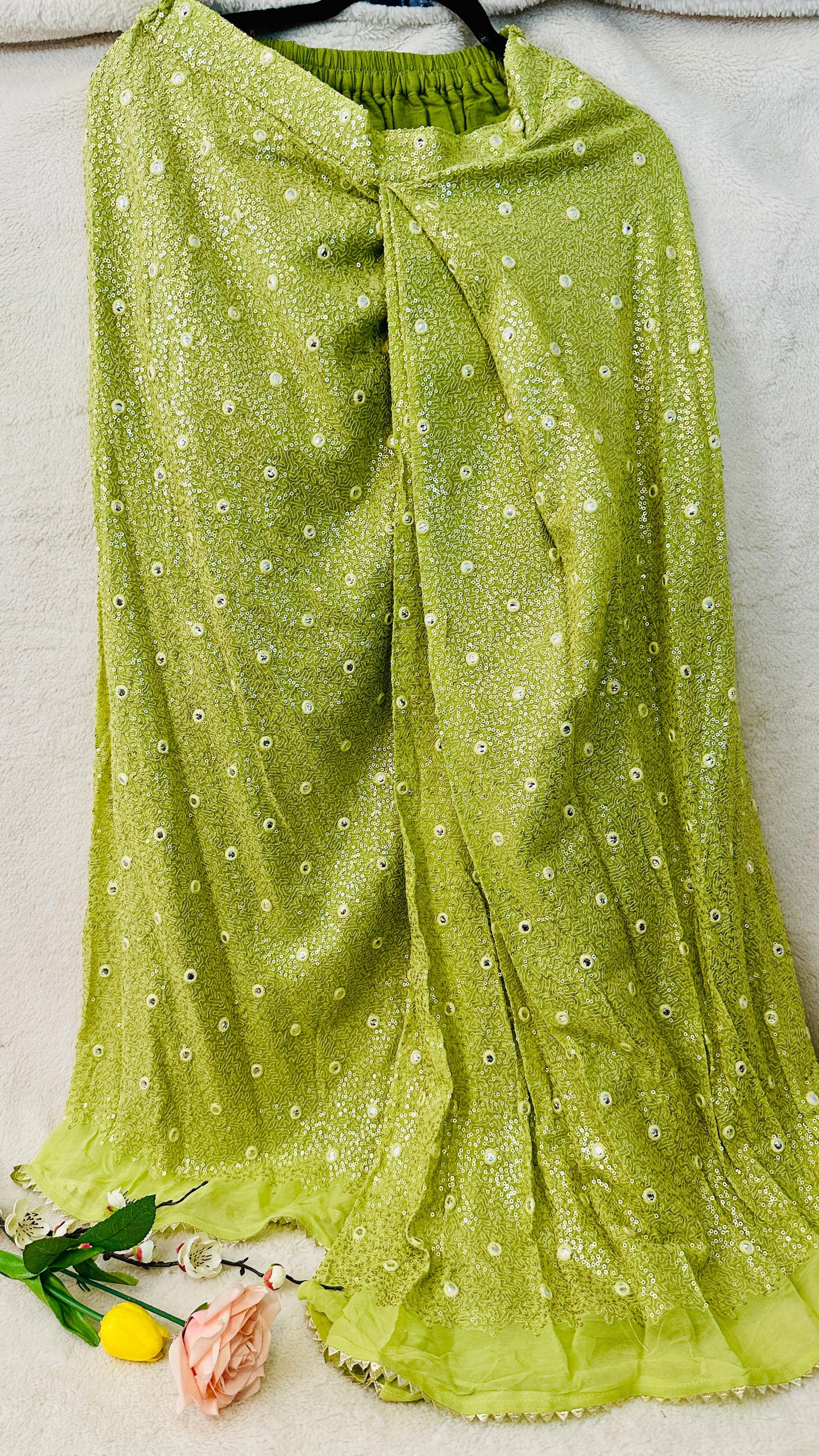 Henna green designer Indowestern dhoti skirt set highlighted with sequins & Thread zari & mirror work