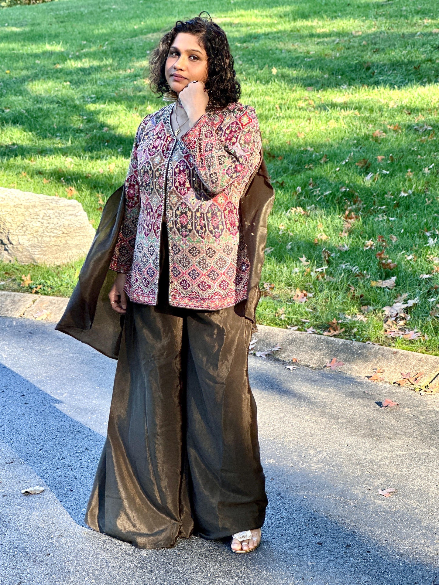 Henna green designer pure crape silk Sharara set highlighted with real mirror, pearl handwork