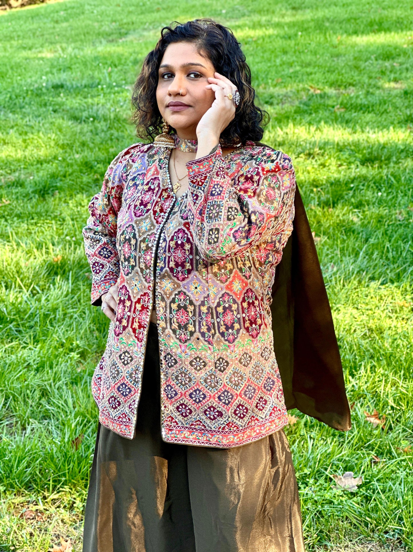 Henna green designer pure crape silk Sharara set highlighted with real mirror, pearl handwork