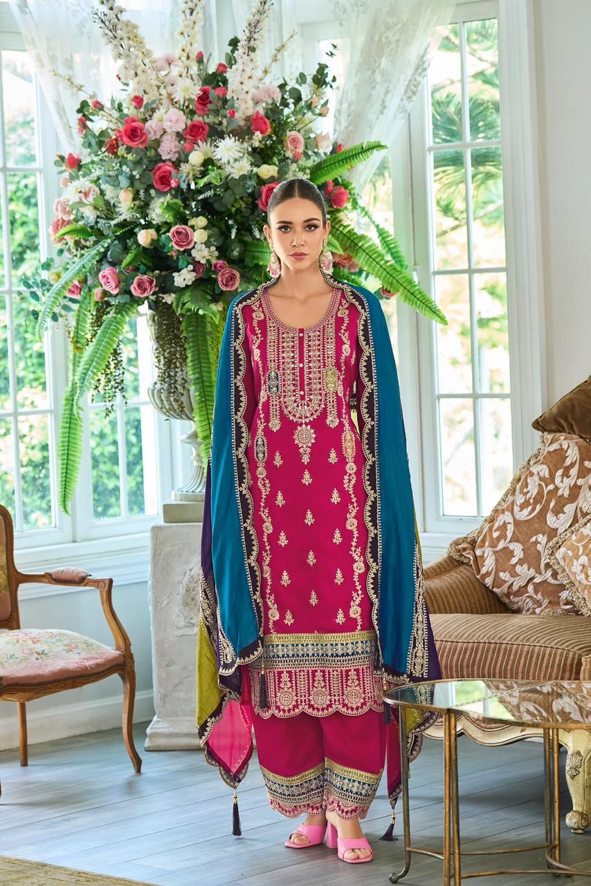 Hot pink CHINON silk suit highlighted with pearl, Cutdana & thread hand work