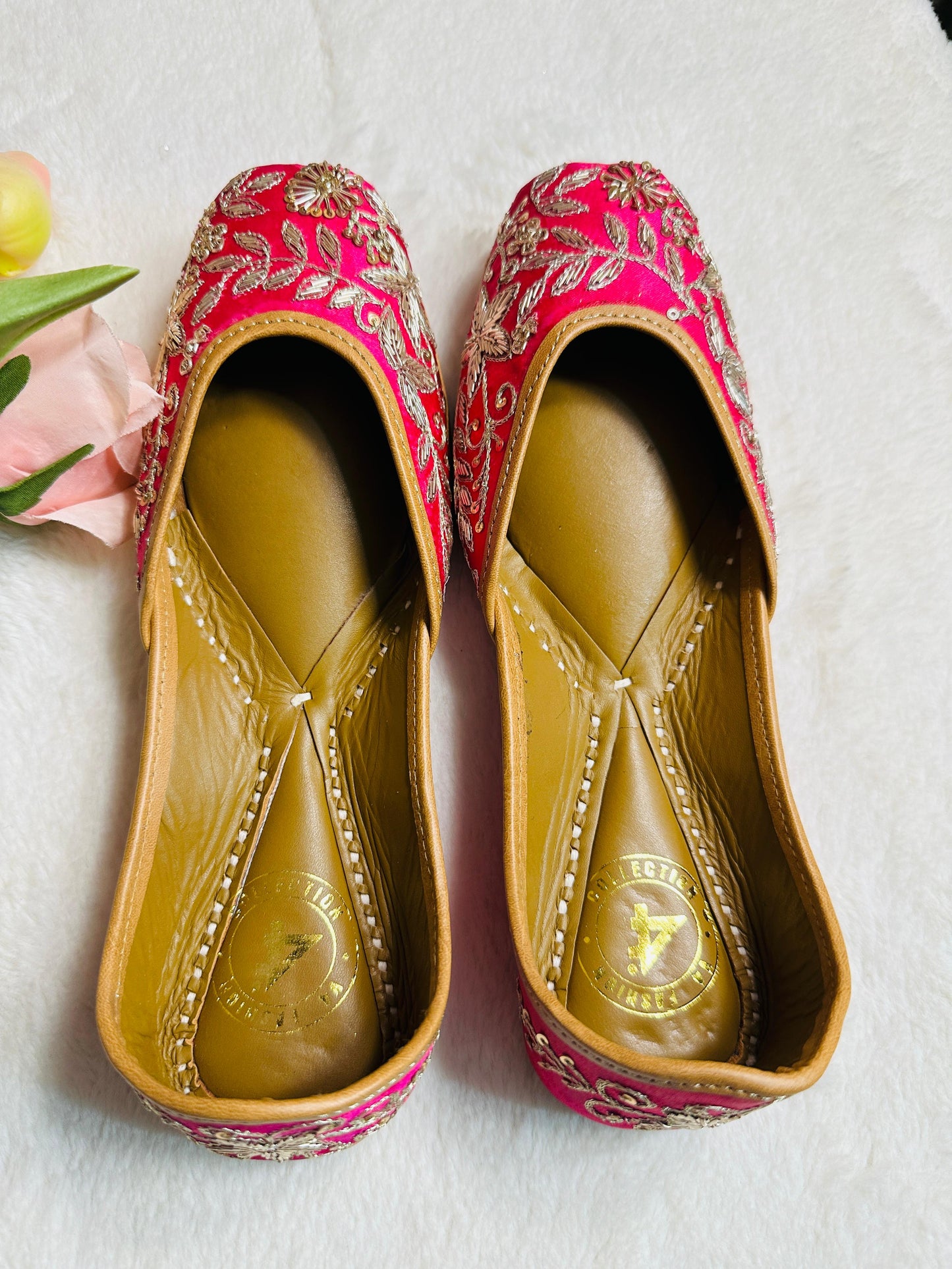 Hot pink Premium designer pure leather Jutti with double cushion and highlighted with all handwork