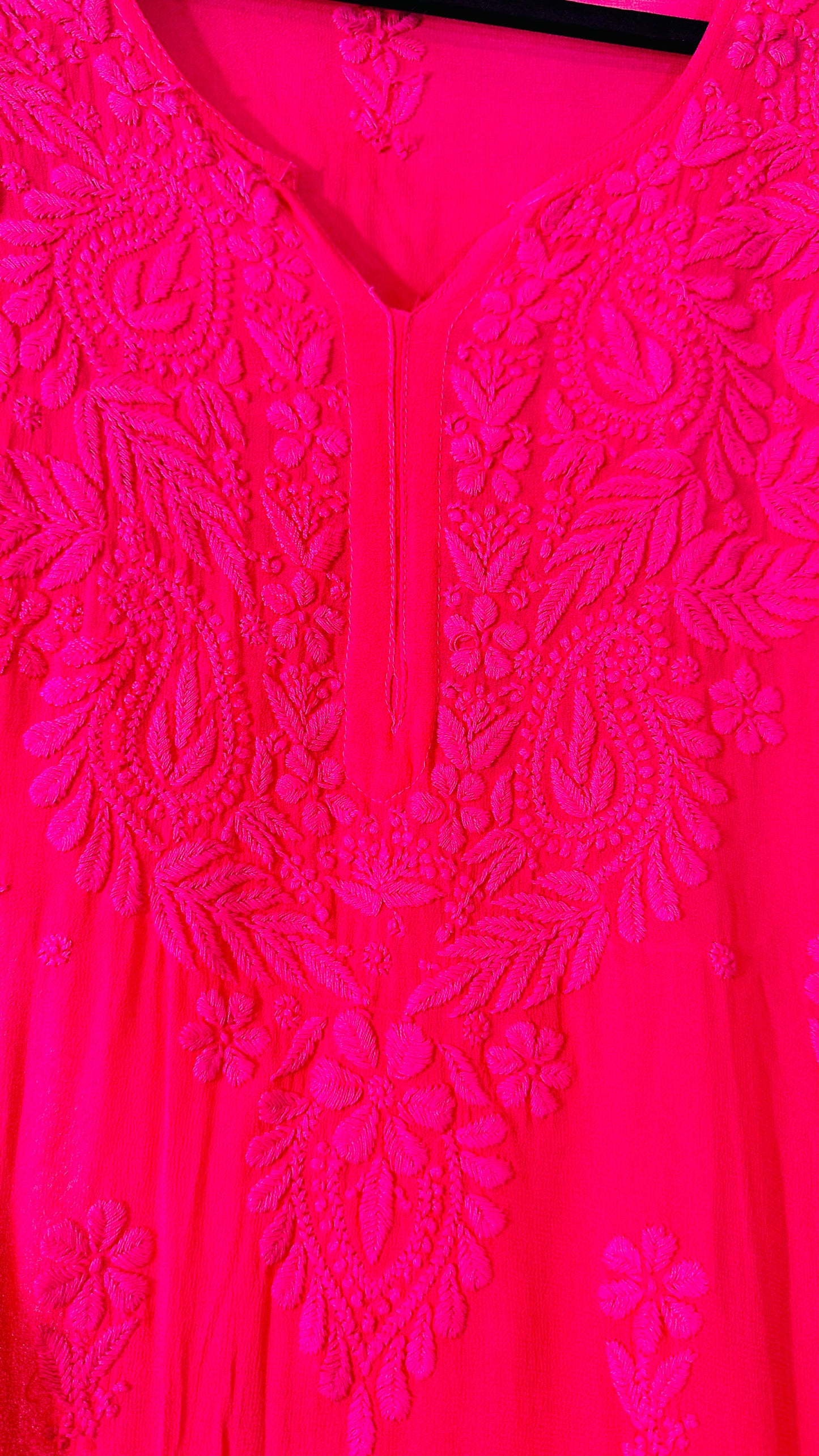 Hot pink tone on tone Viscose Chikankari Kurti with 3D Chikankari