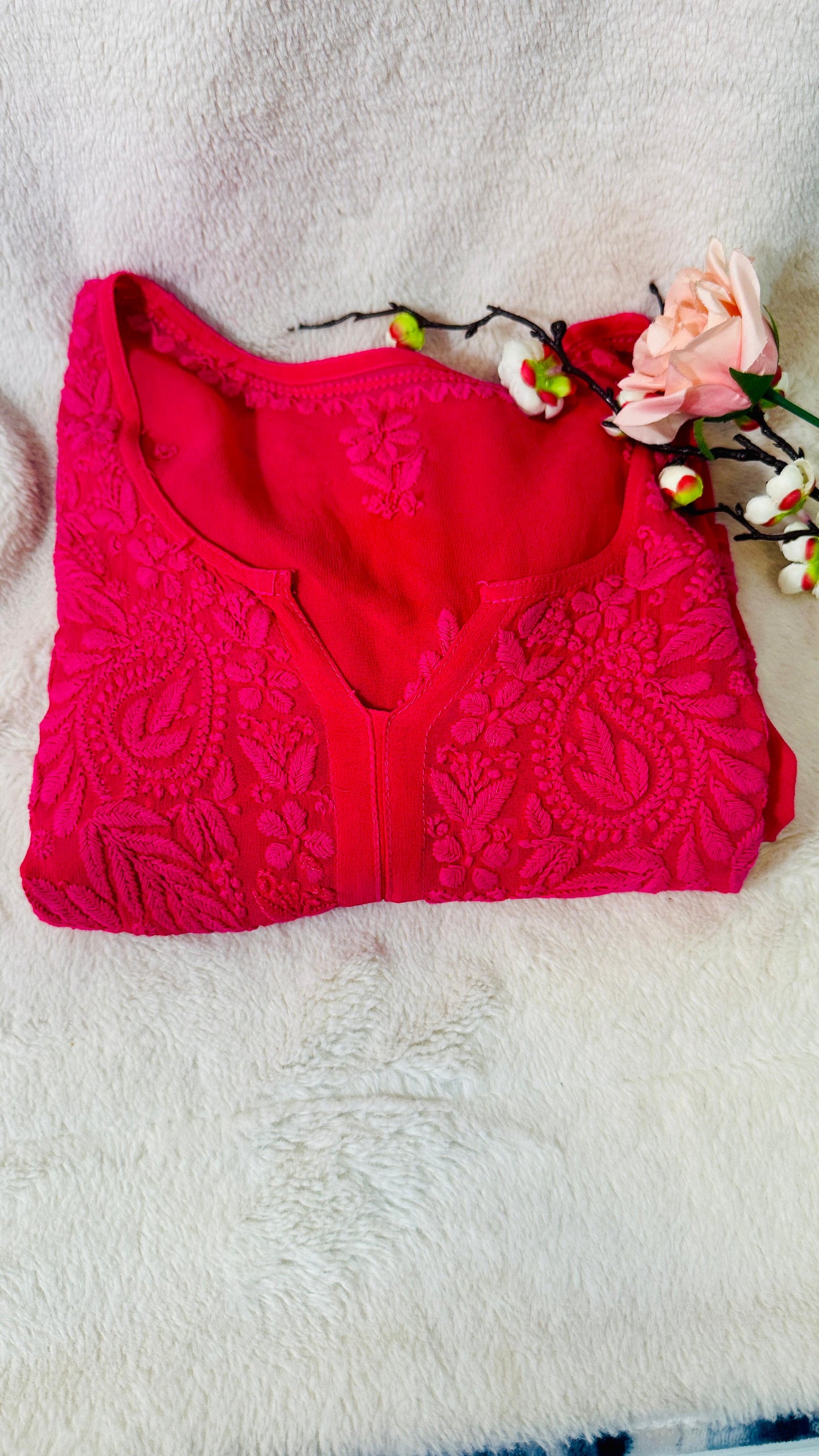 Hot pink tone on tone Viscose Chikankari Kurti with 3D Chikankari