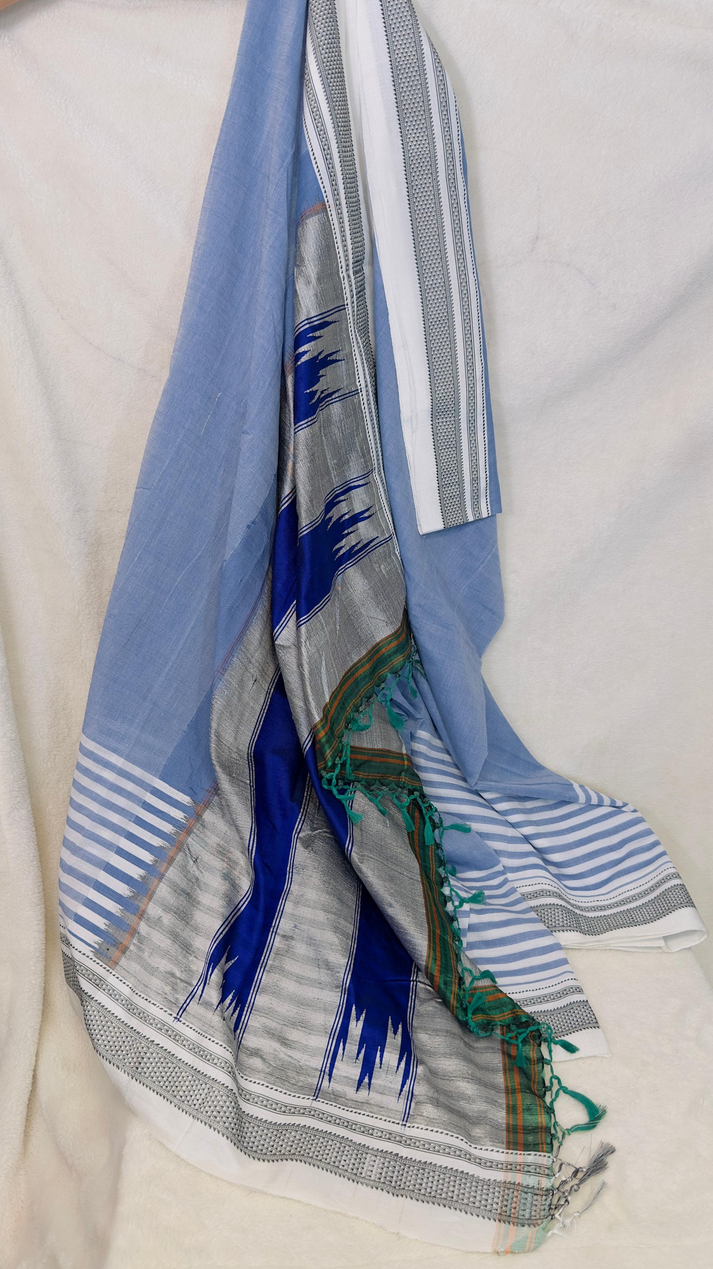 ILKAL Denim blue*White SICO ( Cotton*Silk ) handloom saree with Chikapars Border