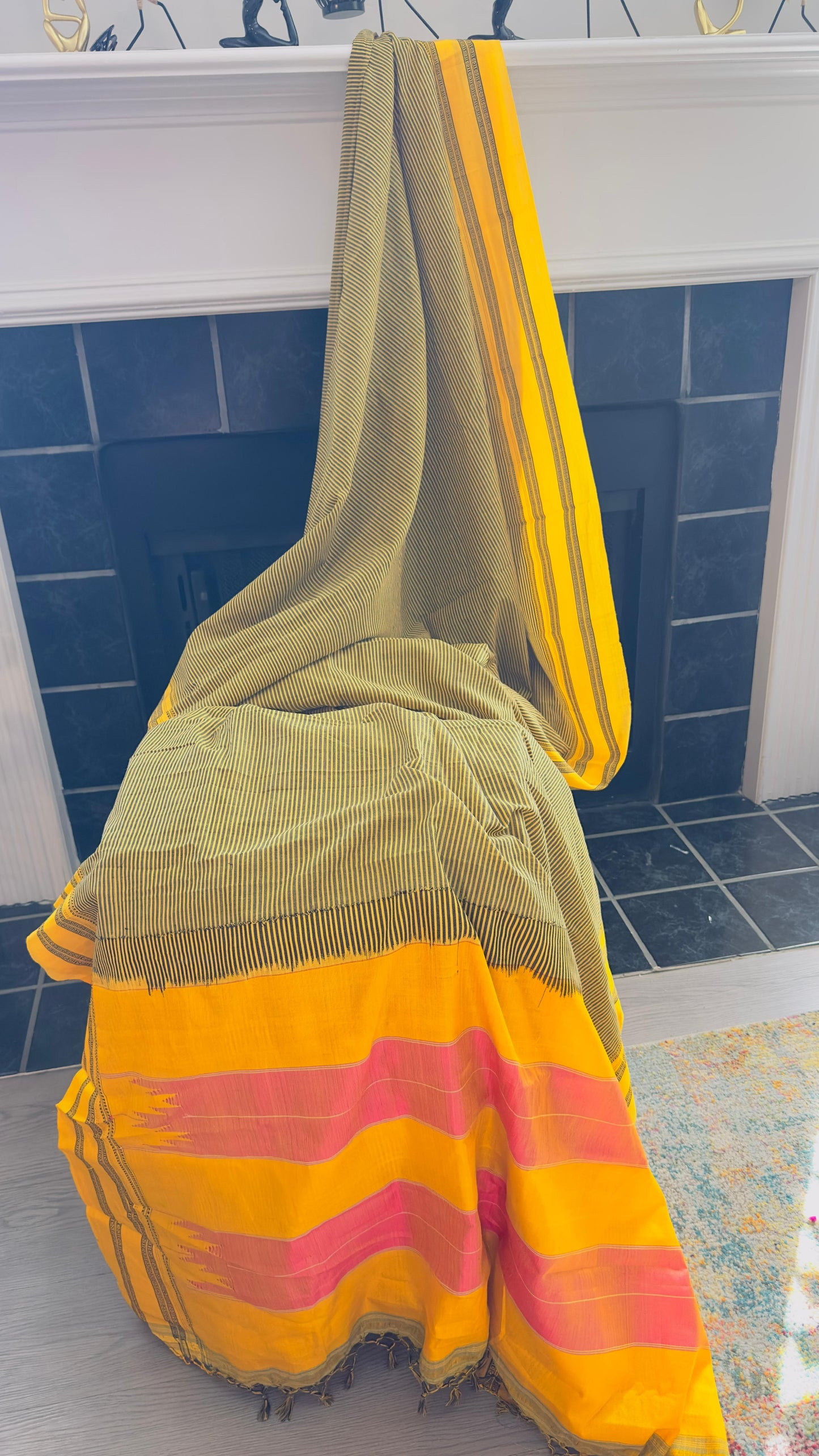 ILKAL Henna green Striped with mustard yellow and pink border SICO ( Cotton*Silk ) handloom saree with Chikapars Border