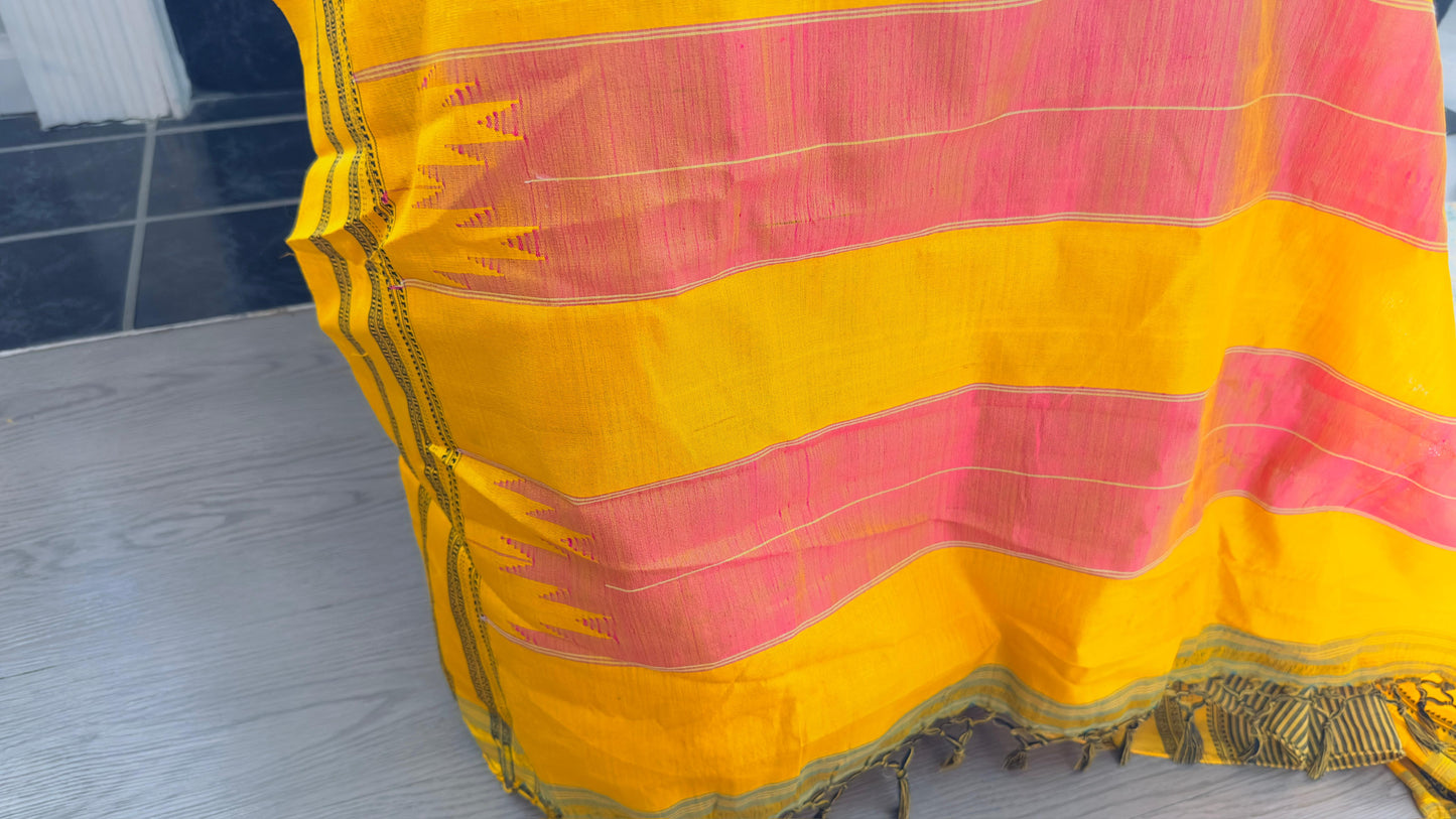 ILKAL Henna green Striped with mustard yellow and pink border SICO ( Cotton*Silk ) handloom saree with Chikapars Border